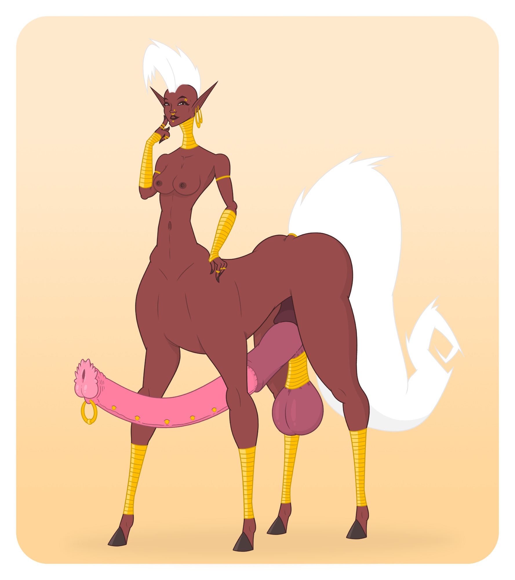 2d, 2d (artwork), anklet, armband, ball ring, big balls, big penis, bracelet, centaur, centaur futa, collar, dark skin, dark-skinned futa, debella, earrings, equine genitalia, equine penis, eyebrow piercing, futa only, futanari, gold jewelry, horse tail, horsecock, horsecock futa, hyper penis, jewelry, labret piercing, long penis, mohawk, mohawk (hairstyle), neck ring, nose piercing, nude, nude futa, penis, pierced genitals, pierced penis, pointy ears, ring, septum piercing, thin waist, white hair