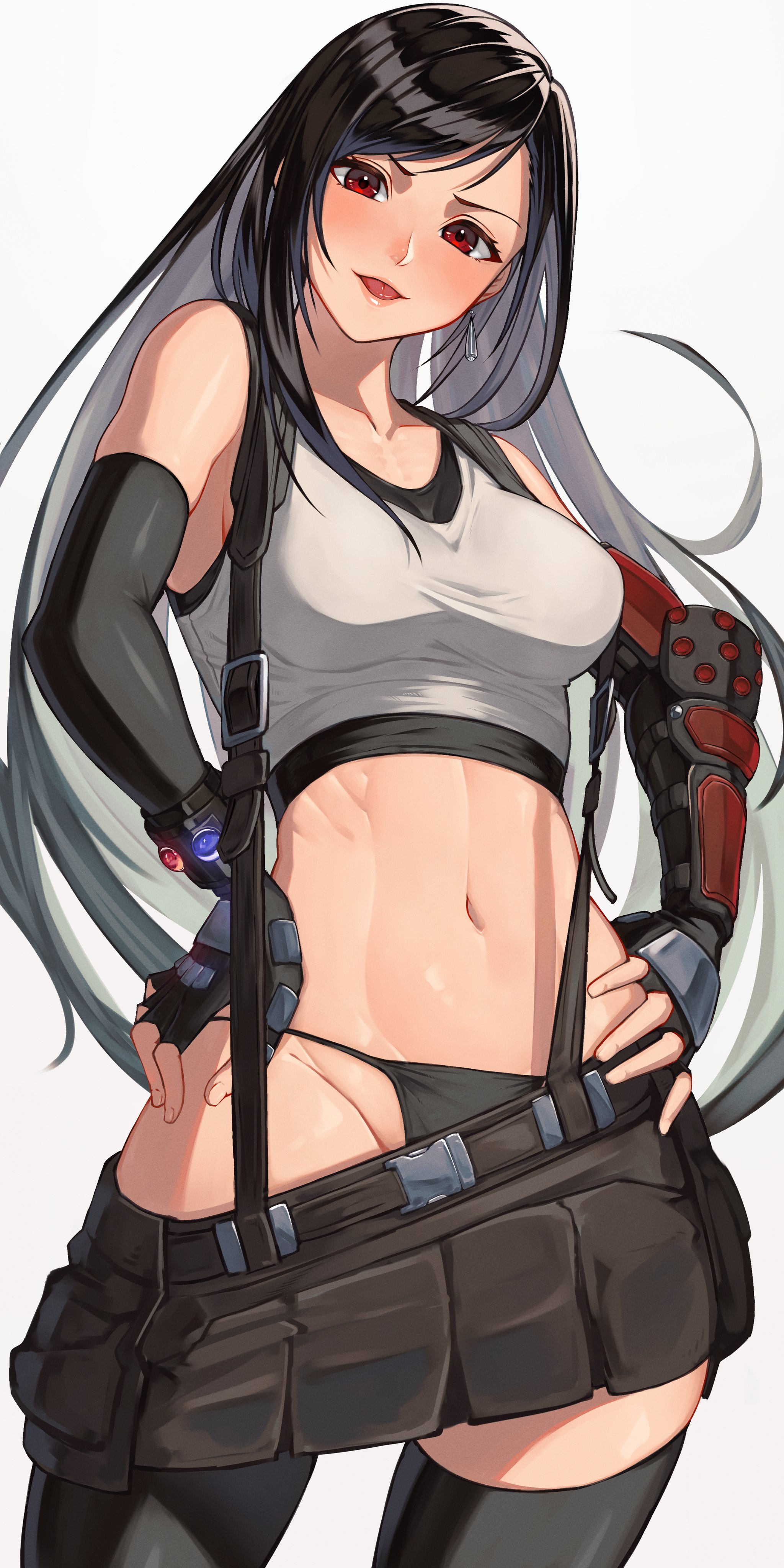 absurdres, black gloves, black hair, black panties, black skirt, black thighhighs, bracer, breasts, clothes pull, crop top, elbow gloves, female, female only, final fantasy, final fantasy vii, final fantasy vii remake, fingerless gloves, gloves, hands on own hips, highres, large breasts, long hair, materia, miniskirt, navel, open mouth, panties, red eyes, skirt, skirt pull, solo, stomach, suspender skirt, suspenders, tank top, temoc, thighhighs, tifa lockhart, underwear, very long hair, white tank top