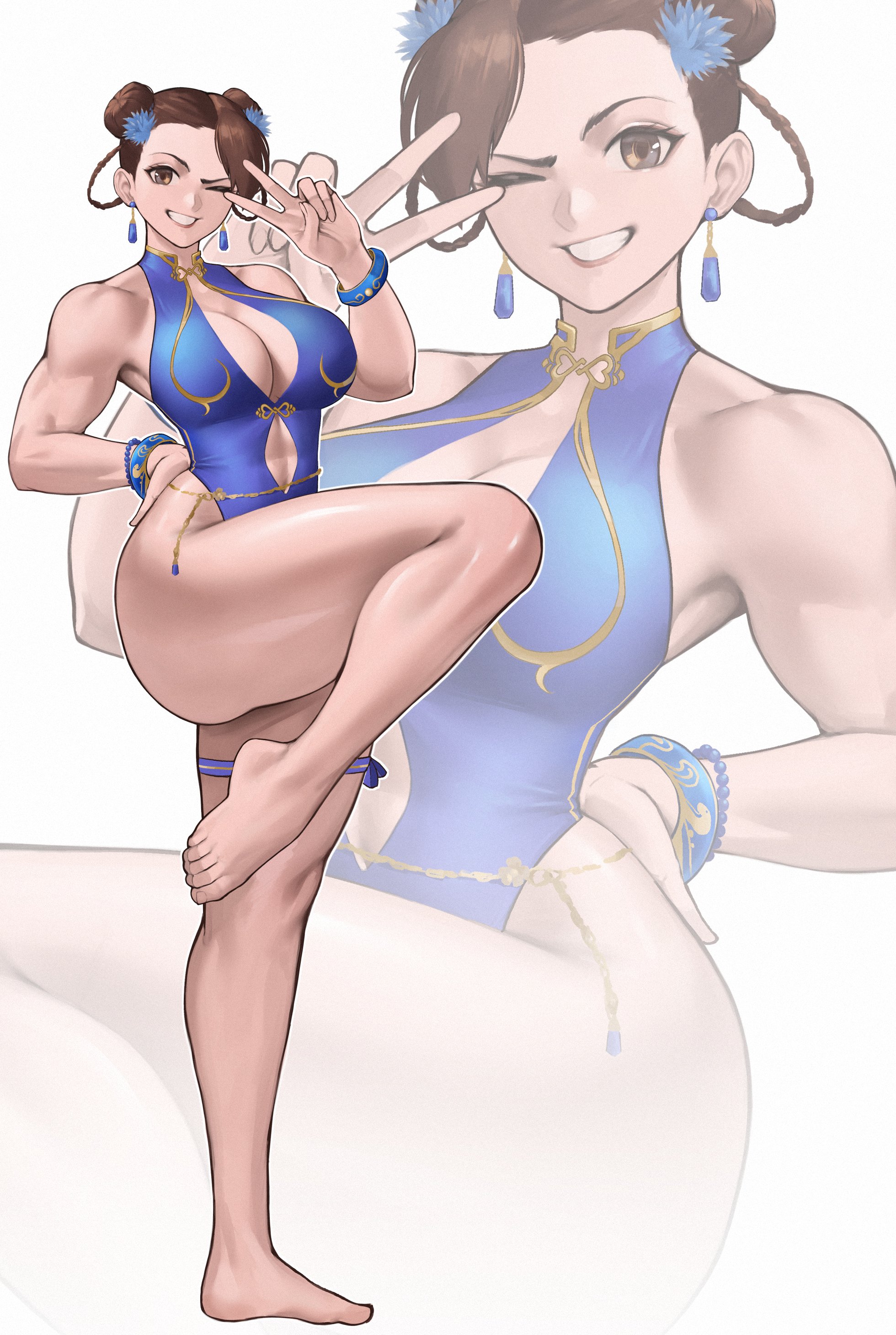 1girls, absurdres, alternate costume, ass, barefoot, bead bracelet, beads, blue flower, blue one-piece swimsuit, bracelet, braid, braided hair rings, breasts, brown eyes, brown hair, capcom, chun-li, clothing cutout, commentary, curvy, double bun, earrings, english commentary, feet, female, female only, flower, grin, hair bun, hair flower, hair ornament, hair rings, hand on own hip, hand up, highleg, highleg one-piece swimsuit, highres, jewelry, large breasts, legs, looking at viewer, navel cutout, official alternate costume, one eye closed, one-piece swimsuit, smile, standing, standing on one leg, street fighter, street fighter 6, swimsuit, teardrop earrings, thigh strap, thighs, thong one-piece swimsuit, toes, toned, toned female, v, white background, wide hips, zoom layer, zukululuu