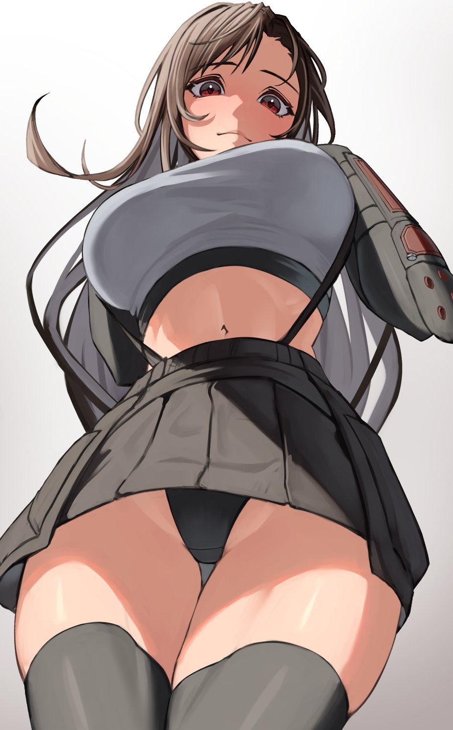 1girls, bare shoulders, black hair, breasts, crop top, female, female only, final fantasy, final fantasy vii, final fantasy vii remake, from below, hands on own chest, highleg, highleg panties, highres, large breasts, long hair, looking at viewer, looking down, looking over breasts, navel, panties, pantyshot, red eyes, simple background, skirt, smile, solo, suspenders, tank top, temoc, thighhighs, thighs, tifa lockhart, underwear, upskirt
