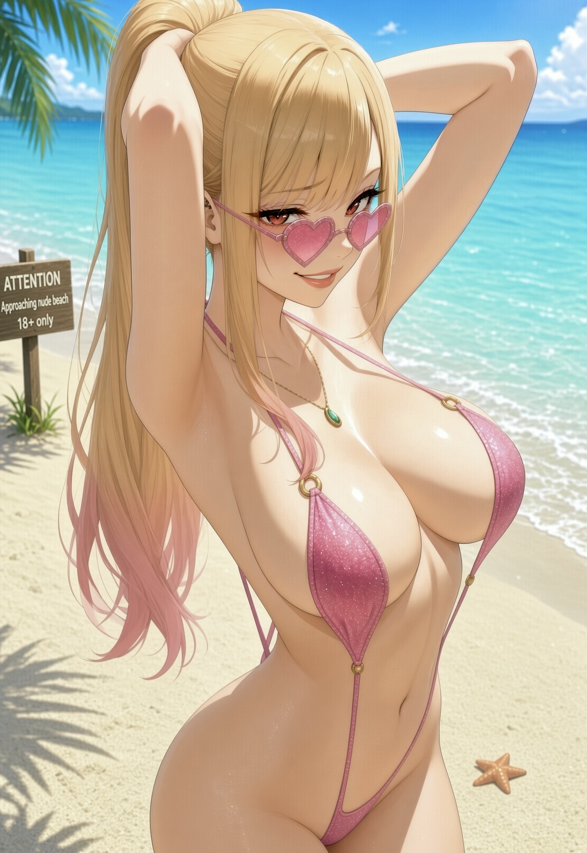 1girl, ai assisted, ai generated, armpit peek, armpits, beach background, belly, belly button, belly fetish, gradient hair, hands behind head, heart-shaped sunglasses, hips, kitagawa marin, large breasts, looking at viewer, midriff, multicolored hair, necklace, ocean background, one-piece swimsuit, ponytail, slim waist, sling bikini, slingshot swimsuit, solo female, solo focus, sono bisque doll wa koi wo suru, string bikini