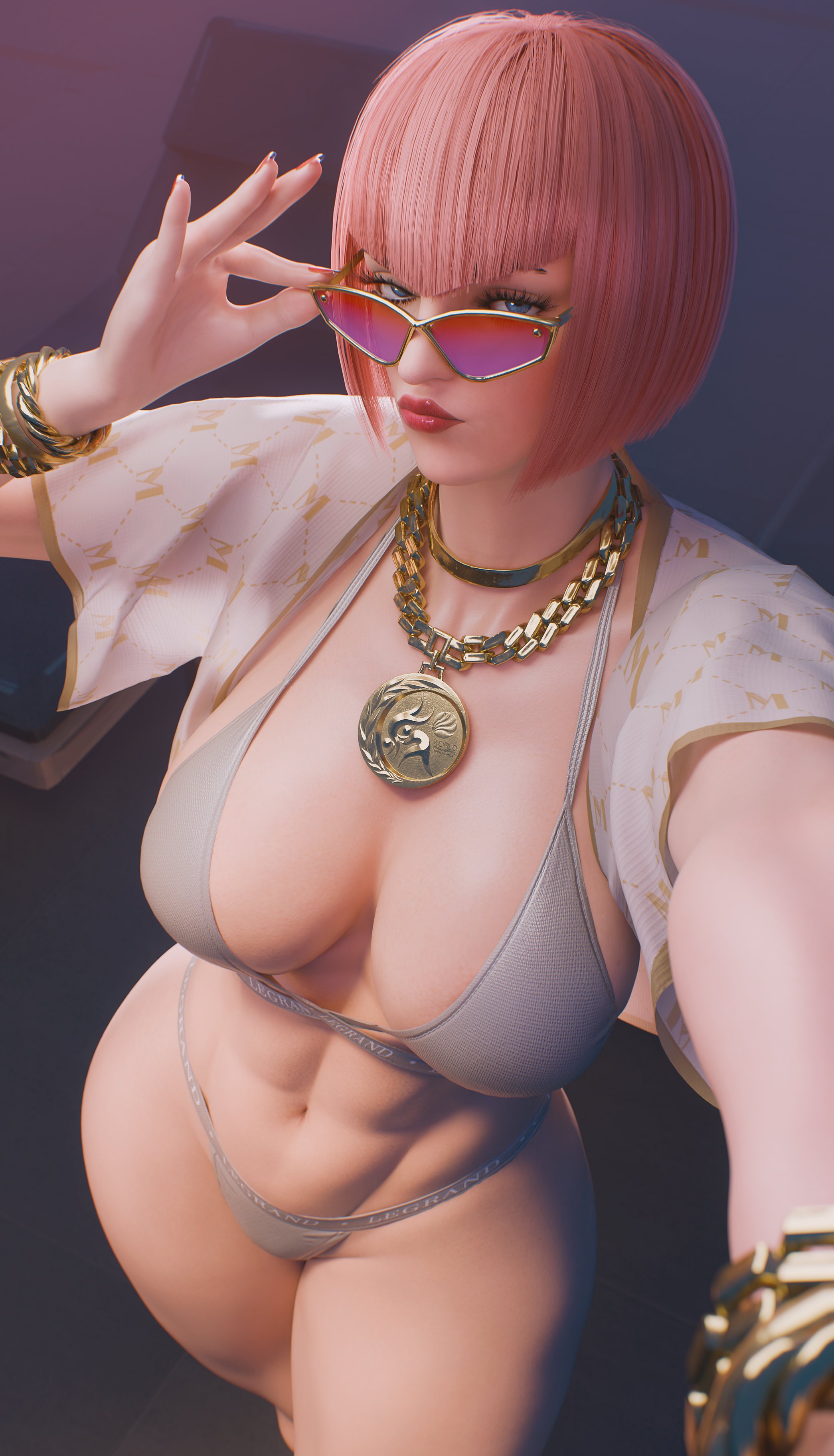 1girls, 3d, abs, adjusting eyewear, areolae, areolae slip, bikini, bikini bottom, bikini top, blue eyes, breasts, capcom, eyewear, female, fugtrup, gold jewelry, jewelry, light skin, light-skinned female, long fingernails, long nails, looking at viewer, looking over eyewear, looking over sunglasses, manon legrand, medium breasts, muscular, muscular female, necklace, pink hair, selfie, short hair, solo, street fighter, street fighter 6, sunglasses, tagme, thick thighs, tinted eyewear, toned, toned female, underwear