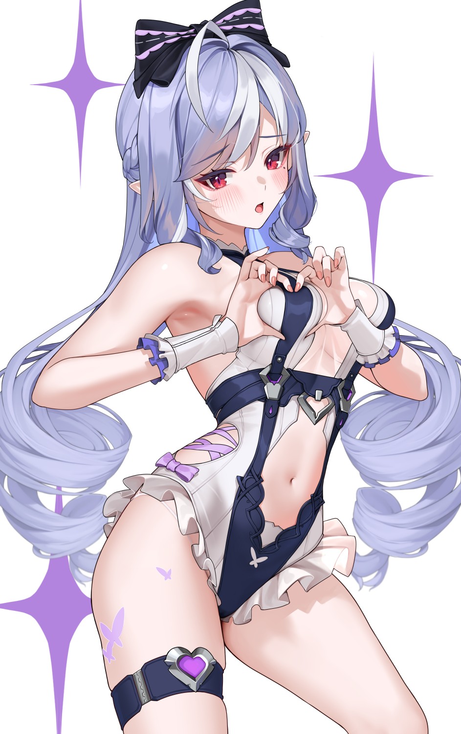 armpits, bare shoulders, black bow, blush, bow, breasts, closed mouth, clothing cutout, contrapposto, drill hair, female, female only, four-finger heart hands, frilled leotard, frills, hairbow, hands up, heart, heart hands, heart-shaped boob challenge, highres, leotard, long hair, looking at viewer, matrix16, medium breasts, navel, official alternate costume, pink bow, pointy ears, purple hair, red eyes, simple background, smile, solo, stomach, stomach cutout, swimsuit, thigh strap, very long hair, vivian (zenless zone zero), vivian banshee, vivian banshee (iris of the shore), white background, zenless zone zero