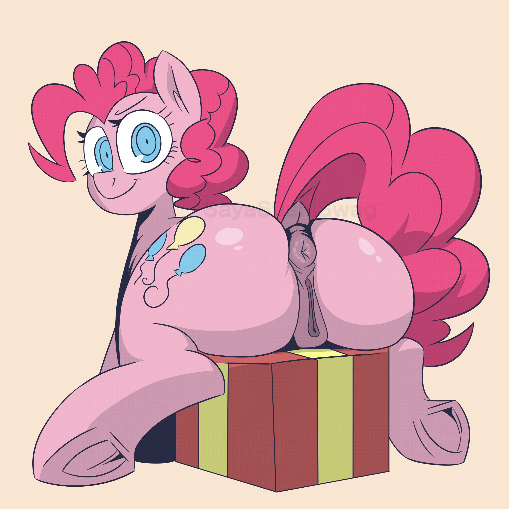 1girls, anus, ass, big ass, blue eyes, cutie mark, fat ass, hooves, horse, horse ears, horse tail, my little pony, pink body, pink hair, pink skin, pinkie pie (mlp), pony, pussy, sayasushiswag, simple background
