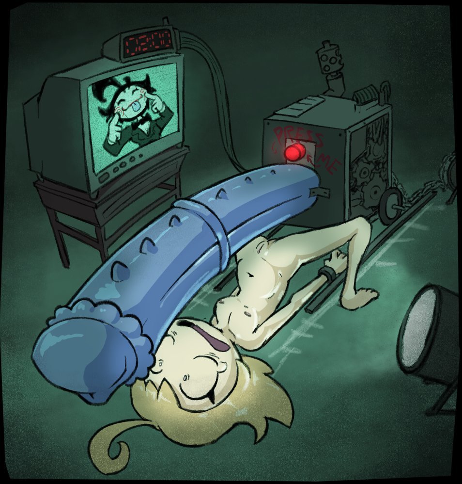 1boy, 1girls, billy the puppet, blonde hair, captured, captured female, clock, cosplay, imminent rape, imminent torture, machine, massive dildo, oc, saw (series), saw trap, short hair, torture chamber, torture device, trinitroid, tv, tv screen