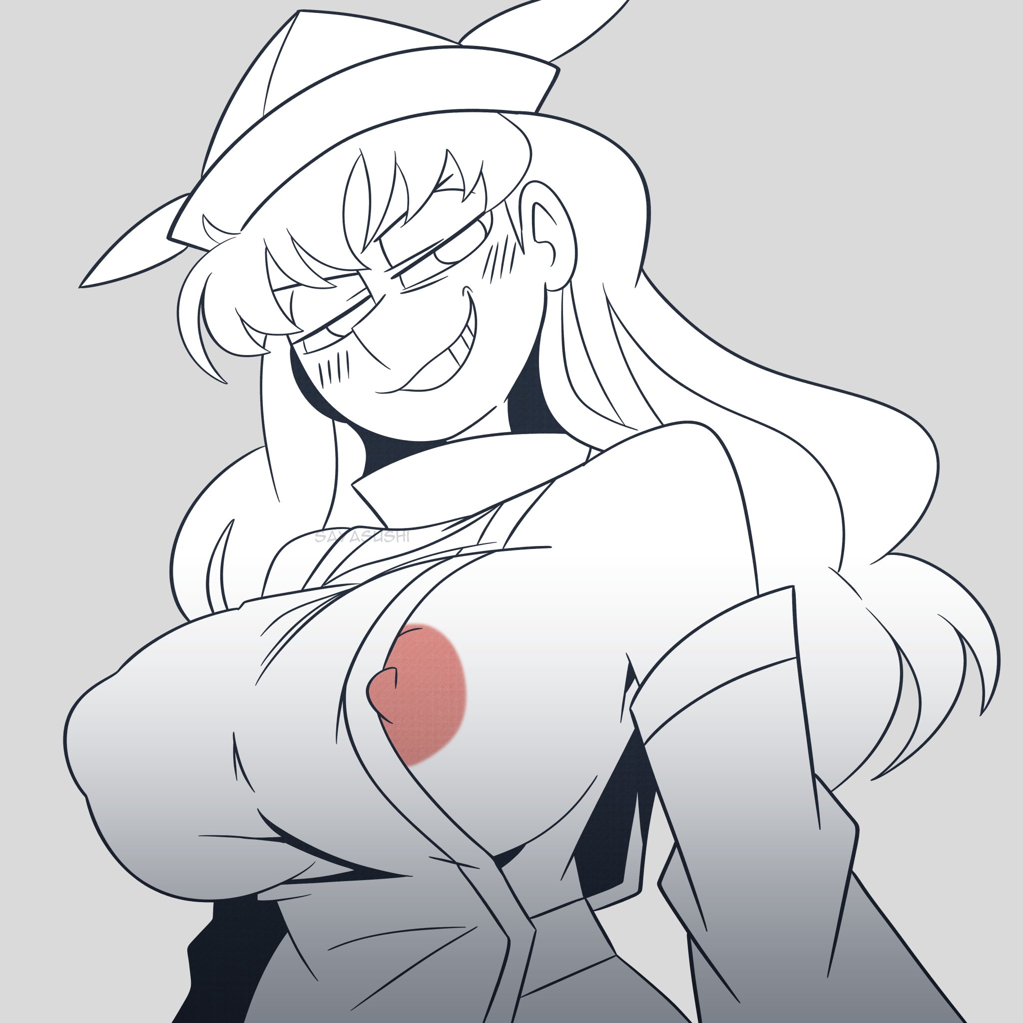 areolae, breasts, greyscale, hat, nipples, okina matara, sayasushiswag, simple background, touhou, visible breath