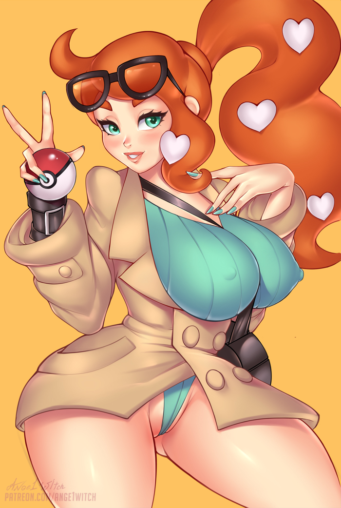 1girls, alternate breast size, alternate outfit, ange1witch, ass, big ass, big breasts, blue eyes, blue nails, blush, bodysuit, breasts, cameltoe, cleavage, clothed, coat, erect nipples, eyelashes, female, female human, female only, full lips, grin, hair ornament, half-closed eyes, heart, hourglass figure, huge breasts, human, human only, large breasts, light skin, light-skinned female, lipstick, long hair, long nails, looking at viewer, male, nintendo, nipple bulge, nipples, offscreen male, patreon, pokemon, pokemon ss, ponytail, pussy, slim waist, smile, solo, sonia (pokemon), sunglasses, sunglasses on head, teeth, text, thick thighs, thigh gap, url, variant set, veins, watermark, wide hips, yellow background