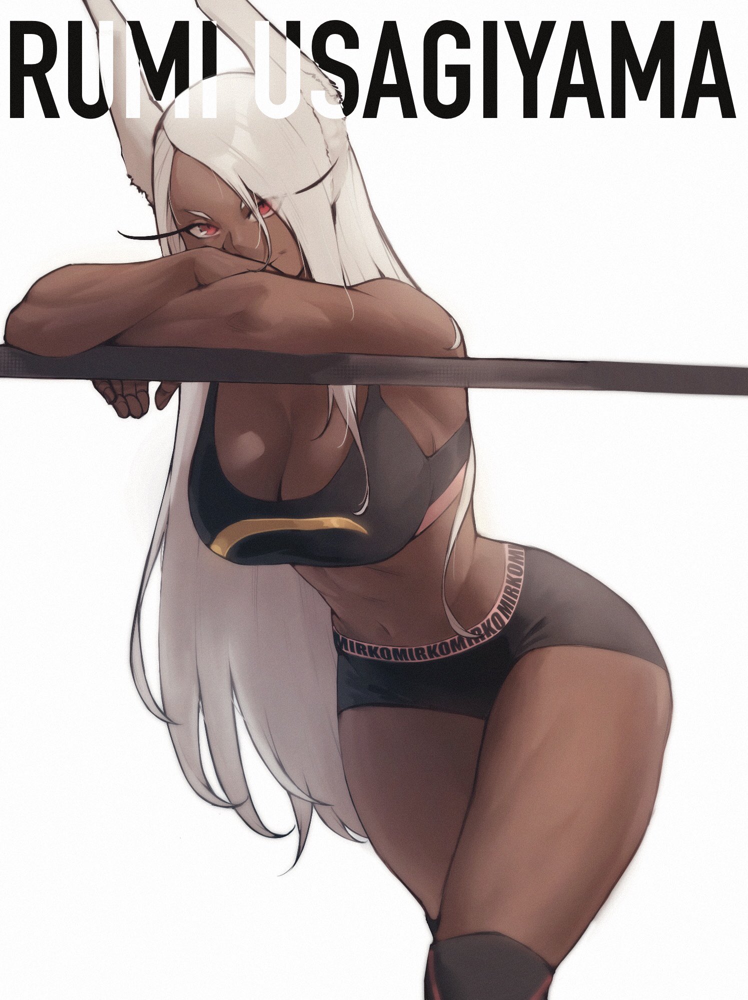 against railing, animal ears, bare shoulders, bike shorts, black shorts, black sports bra, boku no hero academia, breasts, character name, cleavage, crescent print, dark skin, dark-skinned female, female, female only, hair over one eye, highres, large breasts, leaning forward, long eyelashes, long hair, looking at viewer, midriff, mirko, miruko, my hero academia, navel, parted bangs, rabbit ears, rabbit girl, railing, red eyes, rumi usagiyama, shorts, smile, solo, sports bra, stomach, thighs, toned, white background, white hair, zukululuu