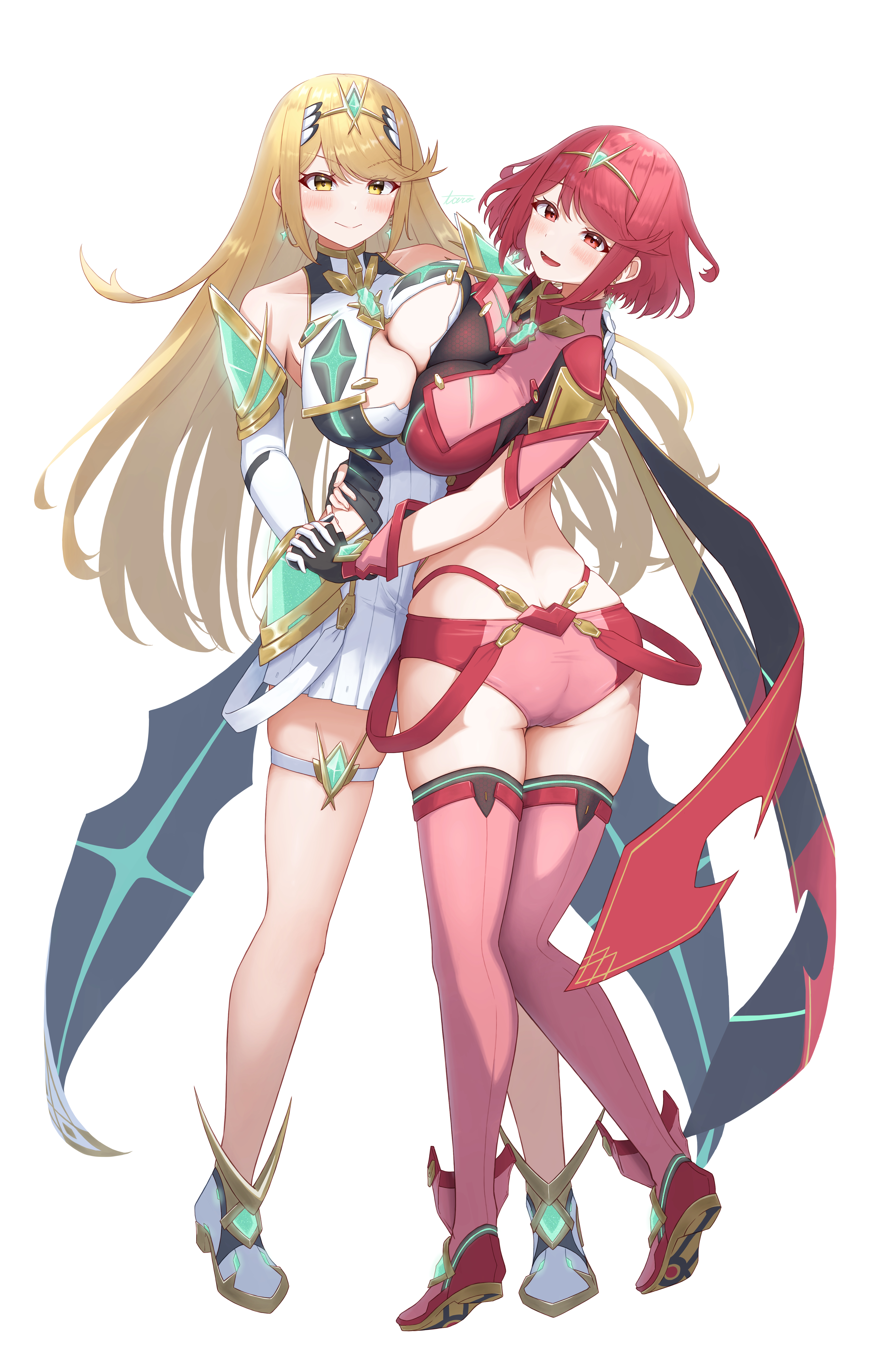 2girls, absurdres, ass, bare legs, bare shoulders, blush, breast press, breasts, butt crack, chest jewel, cleavage, cleavage cutout, clothing cutout, comiket 105, commentary request, core crystal (xenoblade), dress, earrings, female, female only, from behind, full body, highres, holding hands, jewelry, large breasts, long hair, looking at viewer, multiple girls, mythra, mythra (xenoblade), not porn, pyra, pyra (xenoblade), red eyes, red footwear, red shorts, red thighhighs, short dress, short hair, short shorts, shorts, simple background, symmetrical docking, taro (peach taro51), thigh strap, thighhighs, tiara, white background, white dress, white footwear, xenoblade (series), xenoblade chronicles (series), xenoblade chronicles 2, yellow eyes