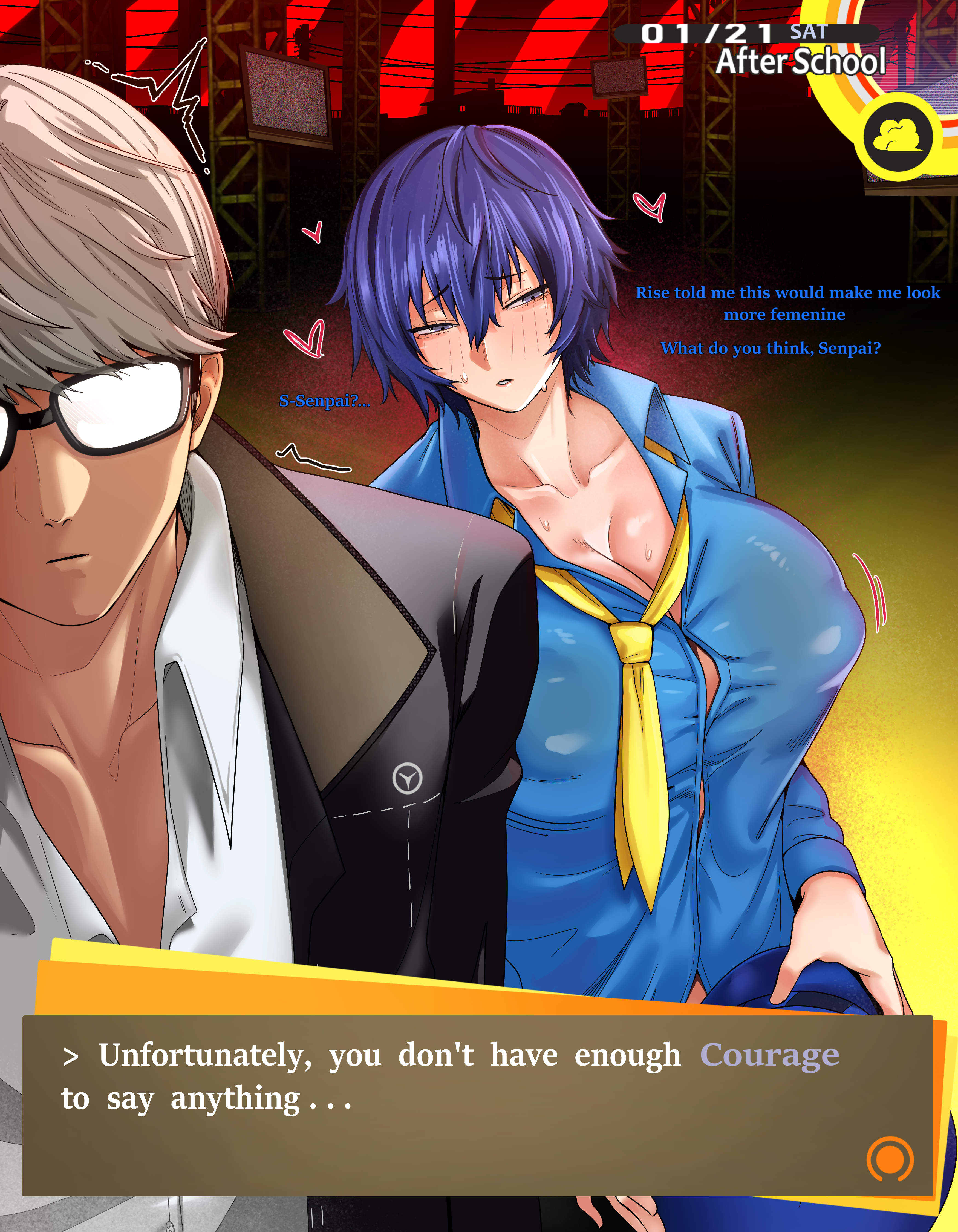 ^^^, 1boy, 1girls, absurdres, black jacket, blue eyes, blue hair, blue hat, blue shirt, blush, breasts, button gap, cleavage, collarbone, collared shirt, commentary, covered erect nipples, cowboy shot, crossdressing, crossdressing (ftm), dialogue box, english text, female, gakuran, glasses, grey hair, hair between eyes, hat, heart, highres, holding, holding unworn clothes, holding unworn hat, jacket, kuso21, large breasts, long sleeves, loose necktie, male focus, narukami yu, necktie, newsboy cap, no bra, opaque glasses, open clothes, open jacket, parted lips, persona, persona 4, school uniform, shirogane naoto, shirt, short hair, sidelocks, standing, sweat, swept bangs, tomboy, typo, unworn hat, unworn headwear, white shirt, yasogami school uniform, yellow necktie