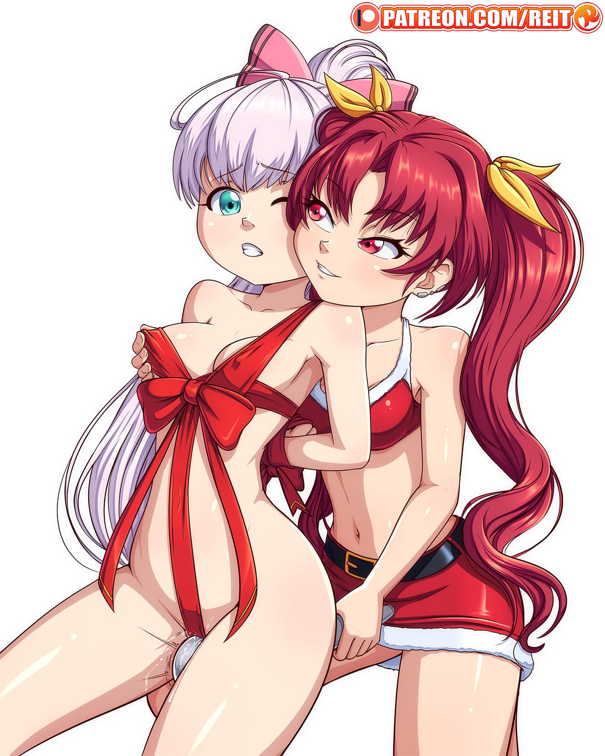 2girls adele_von_ascham bad_censor bow breast_grab censored christmas christmas_outfit clothing covered_nipples covering covering_crotch didn't_i_say_to_make_my_abilities_average_in_the_next_life?! female_only mile mile_(noukin) naked_ribbon red_eyes red_hair reina_(noukin) reit ribbon skirt tied vibrator watashi_nouryoku_wa_heikinchi_de_tte_itta_yo_ne! white_background white_hair yuri