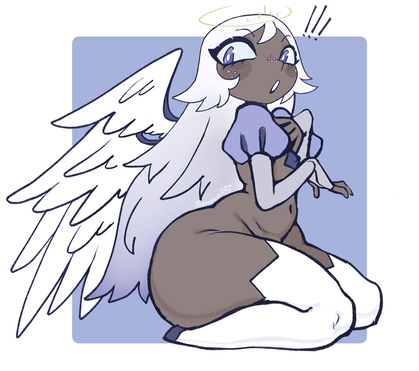 1girls, angel, angel girl, angel wings, ass, big ass, blue eyes, bottomless, elbow gloves, emily (hazbin hotel), female, flat chest, flat chested, halo, hazbin hotel, memerieart, pear shaped, pear shaped female, pear-shaped figure, solo, solo female, thick thighs, thighhighs, white hair