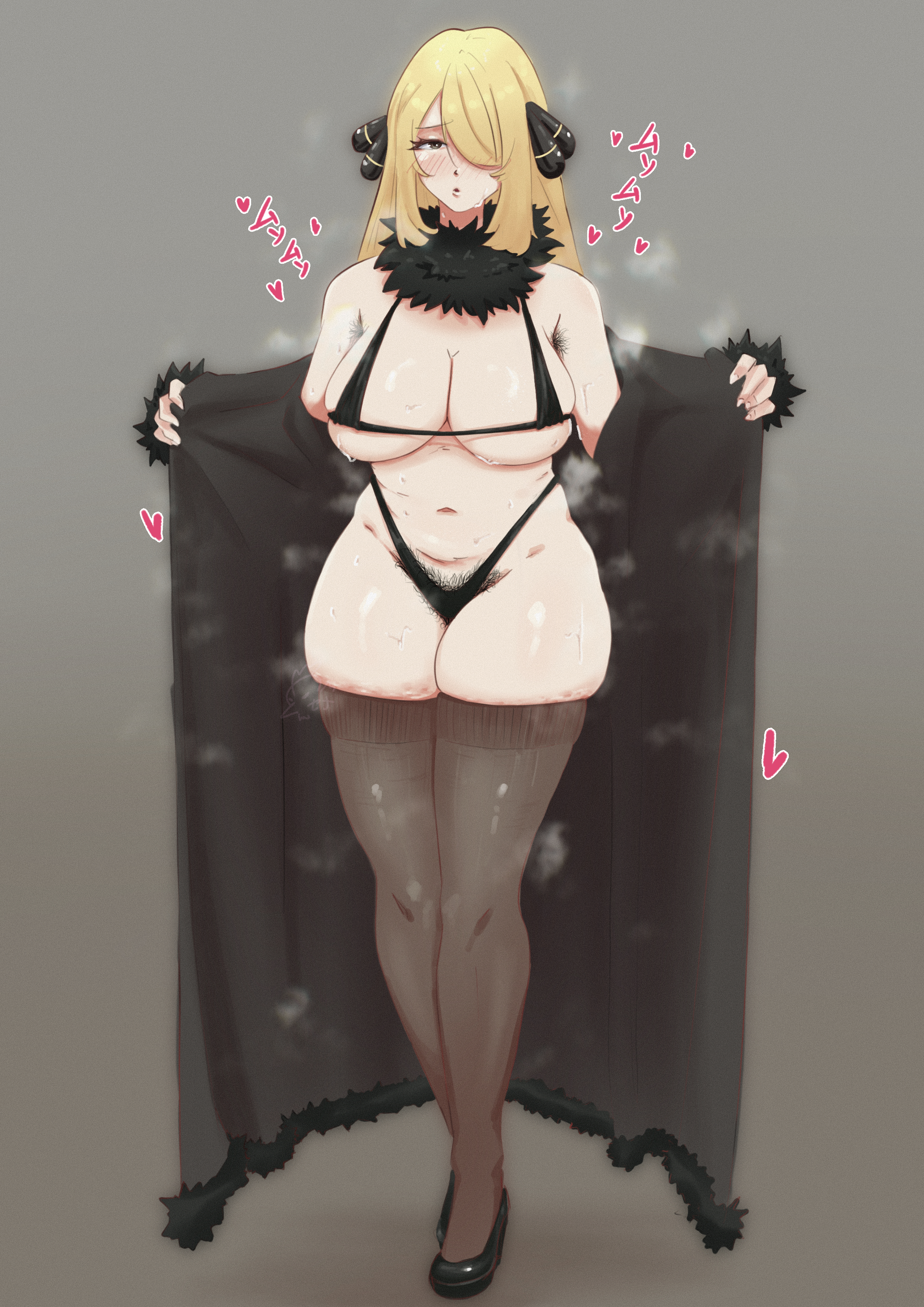 absurdres, bikini, black bikini, blonde hair, breasts, coat, curvy, cynthia (pokemon), exibitionism, female, full body, fur collar, fur trim, fur-trimmed coat, grey background, grey hair, hair over one eye, highres, japanese text, large breasts, long hair, micro bikini, navel, nintendo, open clothes, open coat, plump, pokemon, pokemon dppt, senna, simple background, skindentation, solo, sound effects, standing, stomach, sweat, swimsuit, thighs, very long hair