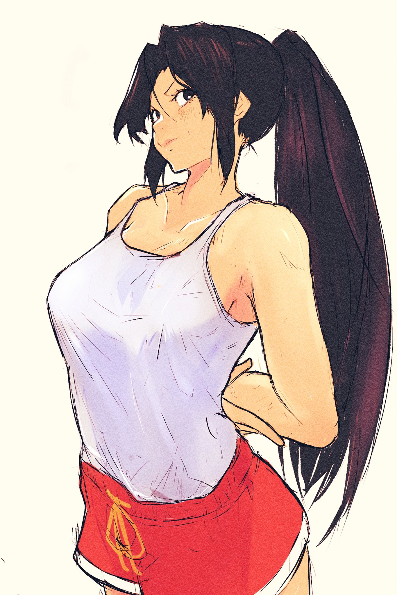 1girls, 2025, 2d, 2d (artwork), arms behind back, bare arms, bare shoulders, big breasts, black hair, breasts, brown hair, capcom, casual, closed mouth, collarbone, dolphin shorts, fatal fury, female, female only, high ponytail, highres, king of fighters, large breasts, long hair, looking at viewer, mai shiranui, mai shiranui (casual), mai shiranui (street fighter 6), official alternate costume, parted bangs, ponytail, questionable, red shorts, sfw, shorts, simple background, snk, solo, solo female, street fighter, street fighter 6, tank top, the king of fighters, upper body, very long hair, white tank top, yellow background, yuenibushi