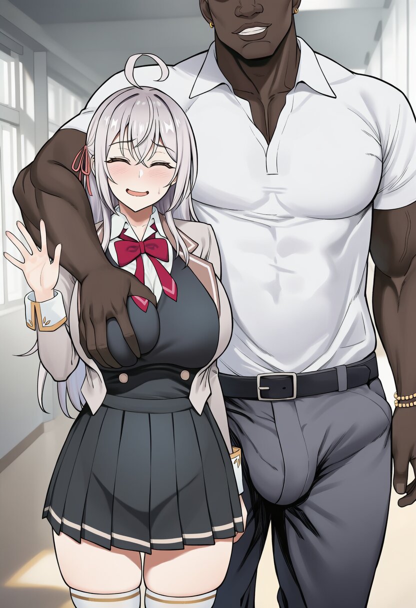 1boy1girl, ai generated, alisa mikhailovna kujou, arm around shoulder, blush, breast grab, breasts, bulge, cheating, closed eyes, cuckold, dark skin, dark-skinned male, erection under clothes, female, height difference, huge breasts, imminent sex, interracial, large breasts, light skin, light-skinned female, male, muscular, muscular male, nervous, nervous smile, netorare, ntr, school uniform, shy, size difference, tokidoki bosotto russian de dereru tonari no alya-san, very dark skin, very muscular, waving