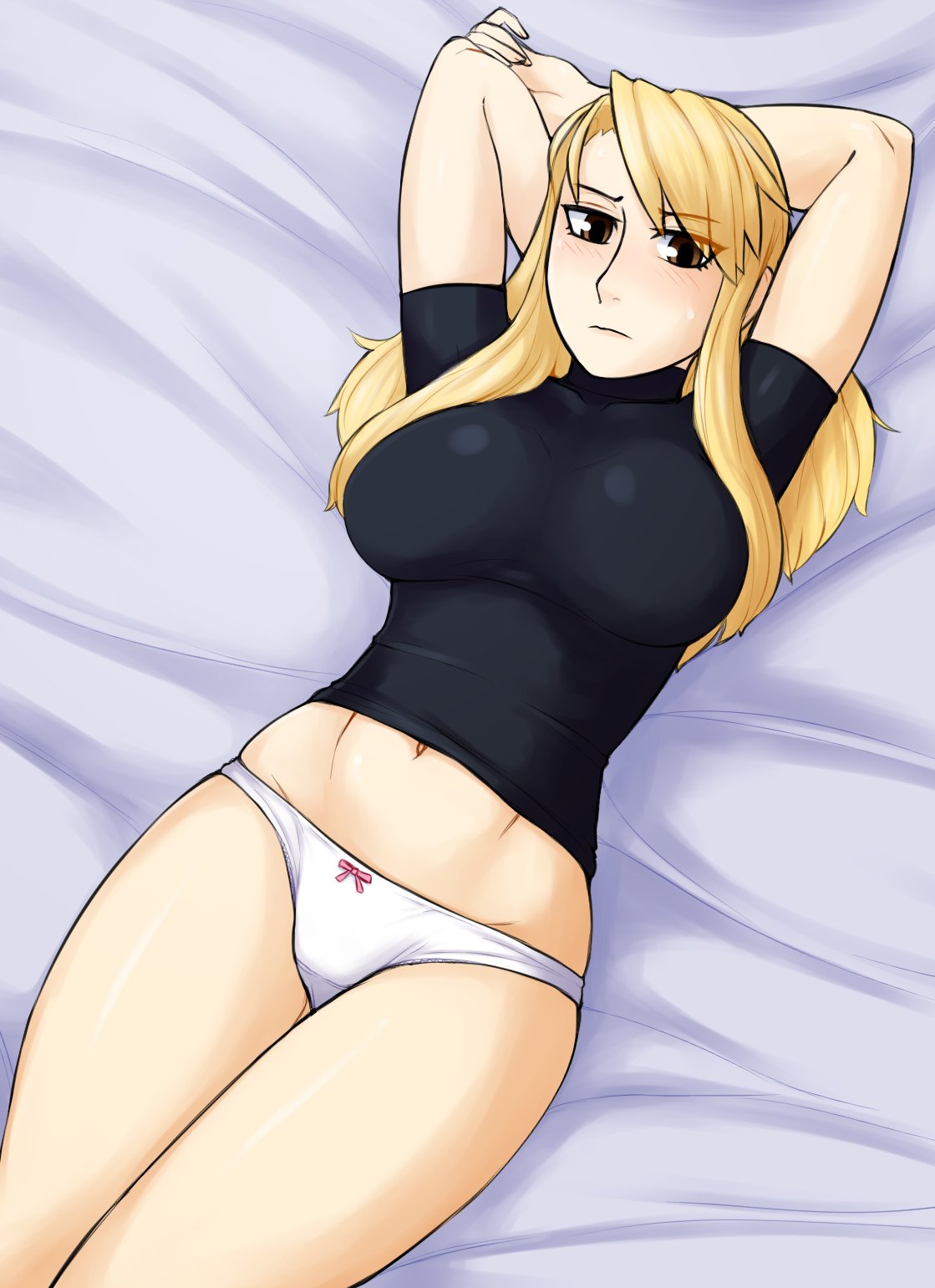 1girls, arms behind head, bed sheet, blonde hair, blush, bow panties, breasts, brown eyes, female, fullmetal alchemist, hair over one eye, ittla, panties, riza hawkeye, solo, sweatdrop, thighs