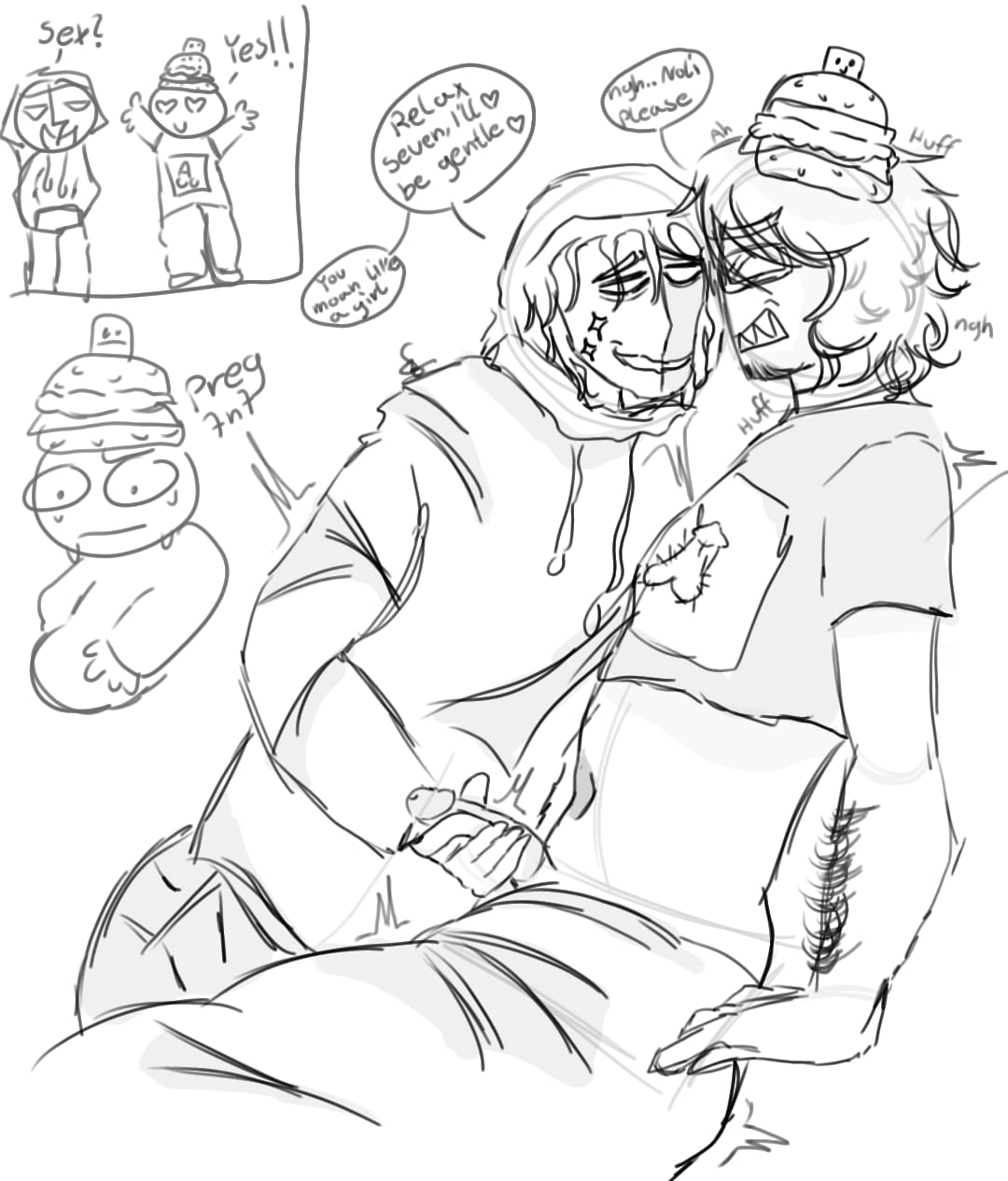 007n7 (forsaken), blank background, dialogue, doodle, forsaken (roblox), gay, jerking off, jerking off another, male, male only, male/male, noli (forsaken), panting, tagme, talking to partner, text bubble, uncolored