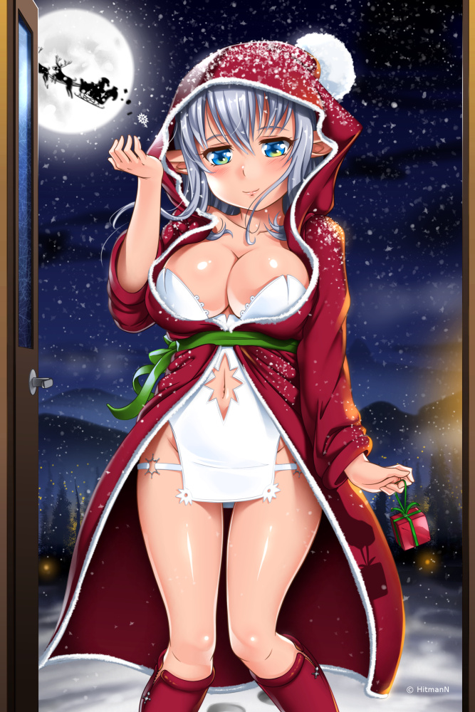 blue_eyes blush breasts christmas christmas_outfit christmas_present cleavage cute door doorway female hitmann large_breasts moon navel night present robe santa_costume sash shiny_skin silver_hair snow solo thighs winter