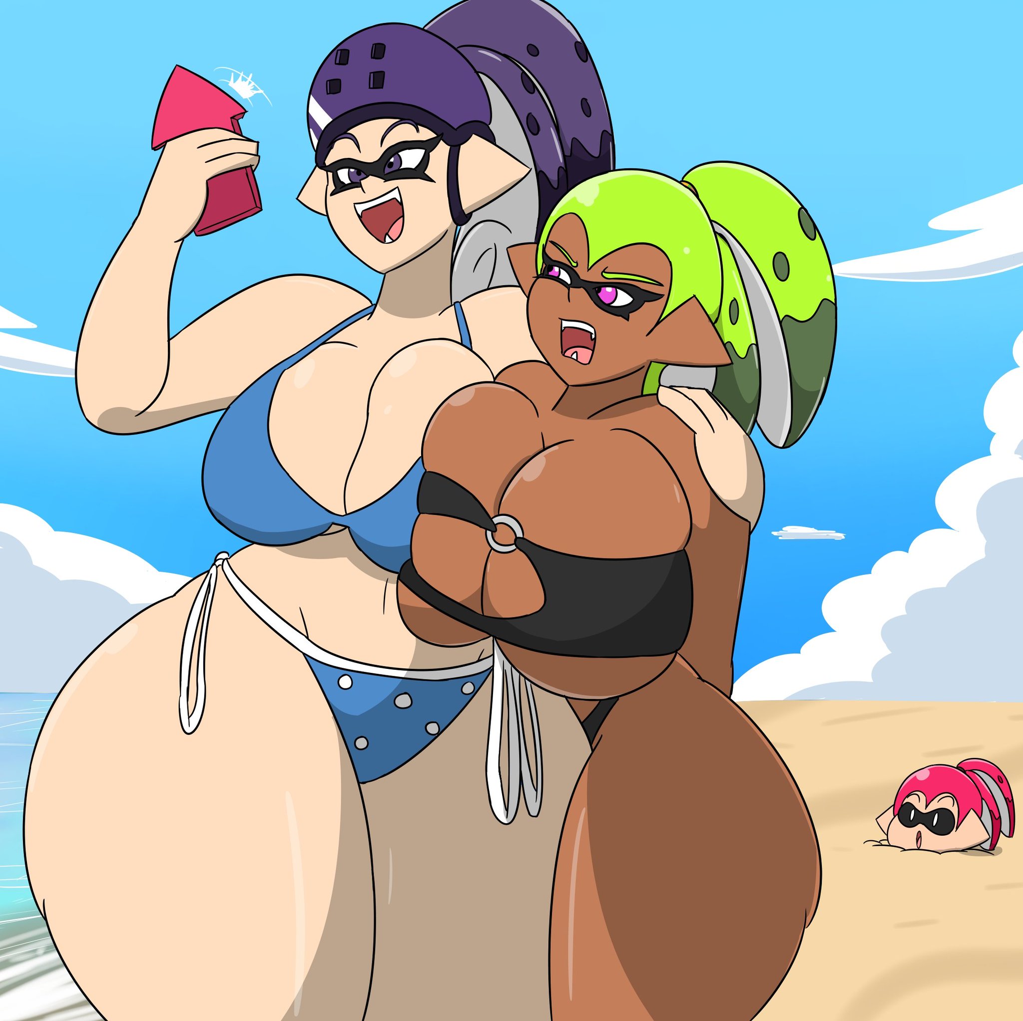 ass, beach, bikini, breasts, chum (igphhangout), female, huge ass, huge breasts, igphhangout, inkling, inkling girl, larger female, loopy (igphhangout), mint (igphhangout), selfie, smile, splatoon, thick thighs, wide hips