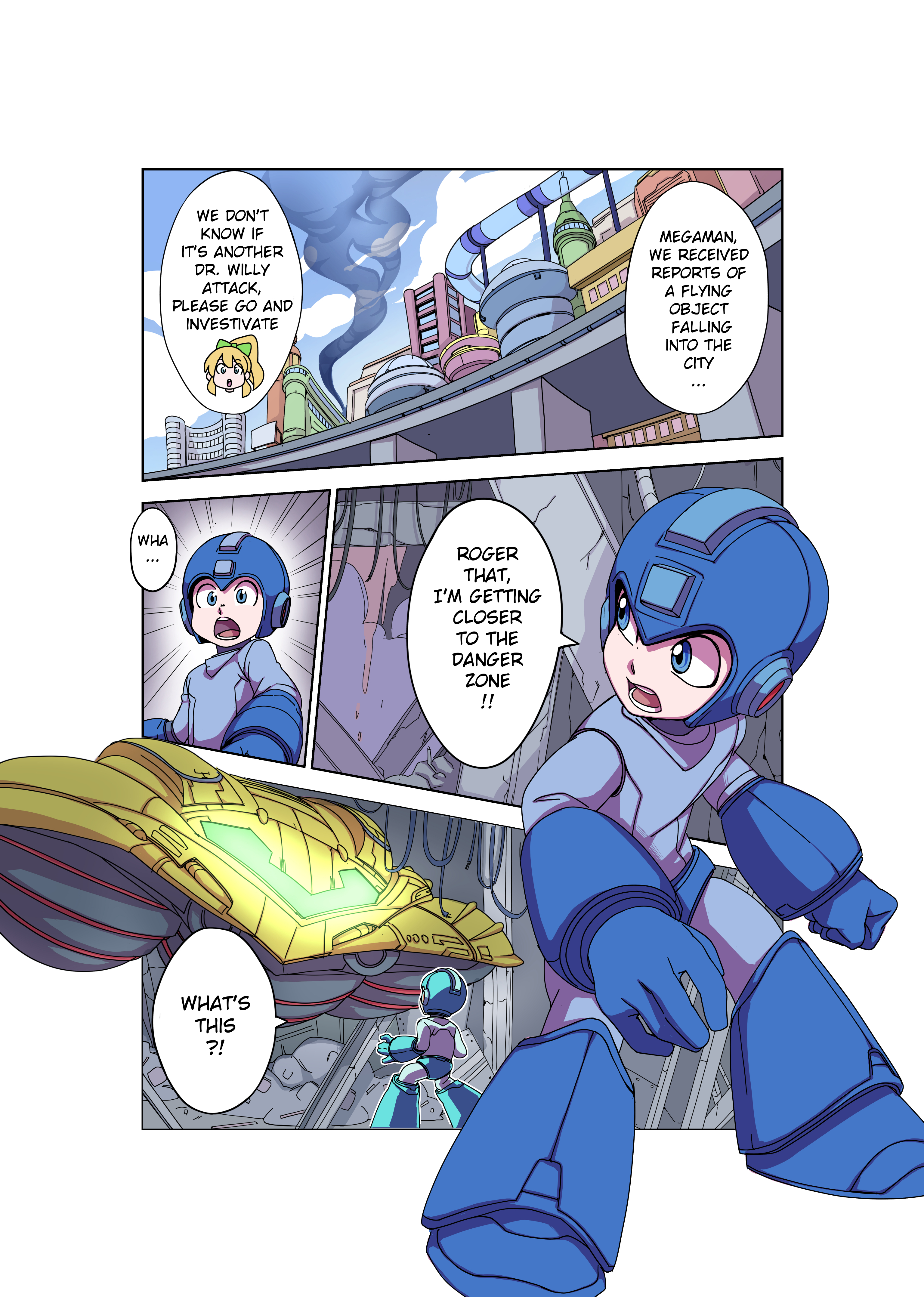 1boy, 1girls, big breasts, breasts, capcom, comic, crossover, dialogue, duo, english dialogue, english text, female, human, male, mega man, mega man (character), mega man (classic), metroid, metroid (creature), mind control, nintendo, nisego, roll, samus aran, speech bubbles, straight, text