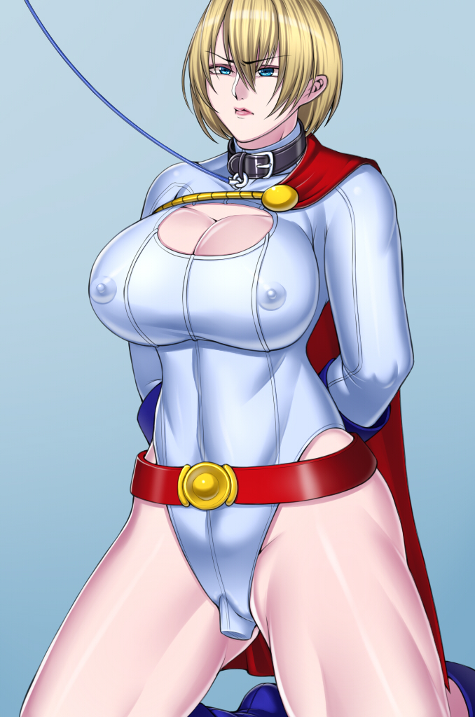 blonde hair, bondage, bound, clothing, collar, dc, dc comics, defeated, female, femsub, glare, grimace, kara zor-l, karen starr, kneeling, leash, leashed, parted lips, pokies, power girl, restrained, short hair, slave, superman (series), thick thighs, vibrator