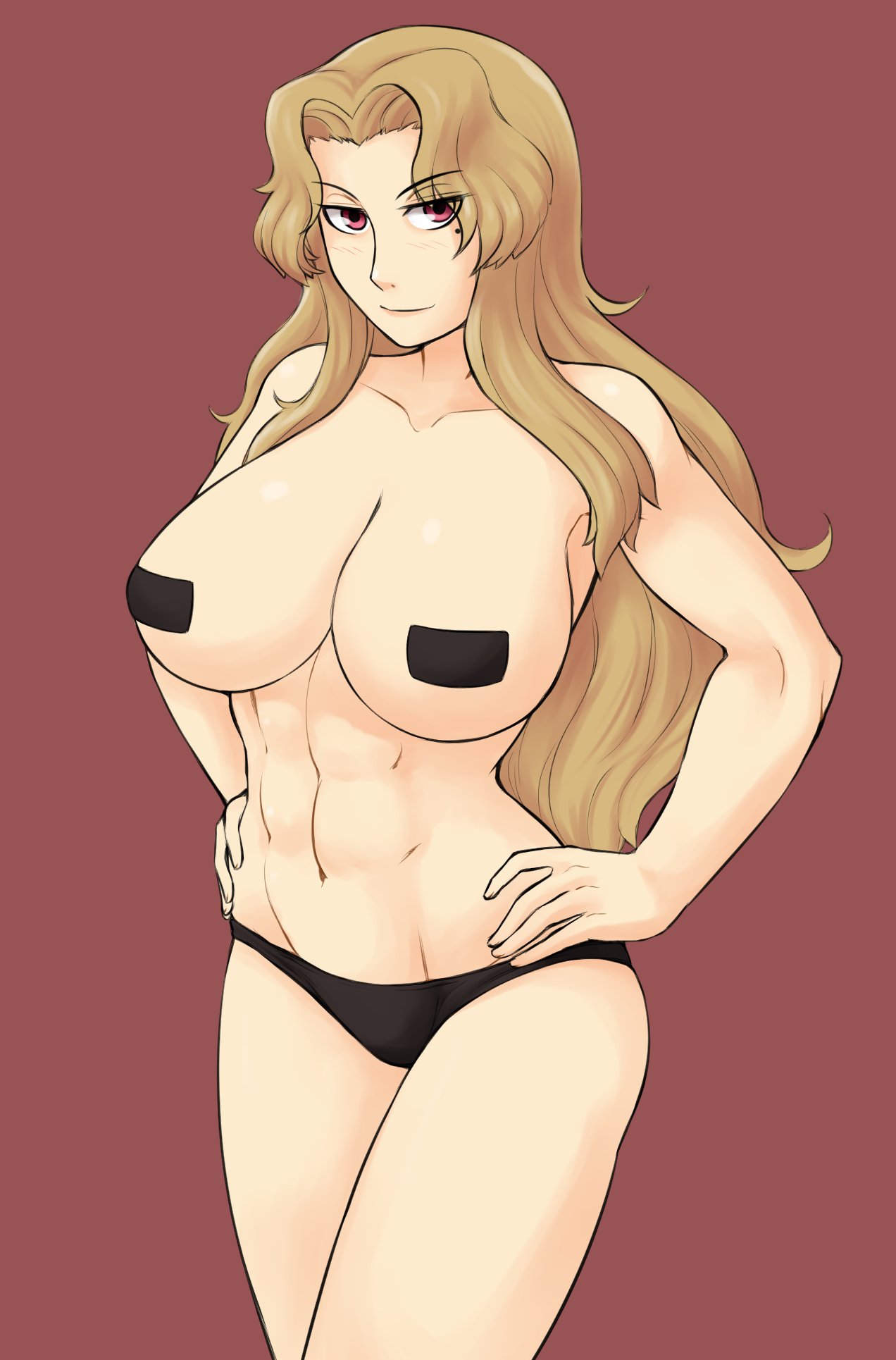 1girls, abs, bangs, bare shoulders, beauty mark, big breasts, bikini, blonde hair, breasts, cleavage, clothing, daidouji (senran kagura), eyebrows visible through hair, female, female focus, female only, grin, half-closed eyes, hips, human, ittla, long hair, mole, mole under eye, muscular, muscular female, parted bangs, pasties, red eyes, senran kagura, simple background, skimpy, smile, solo, solo female, swimsuit, thong, thong bikini, wavy hair