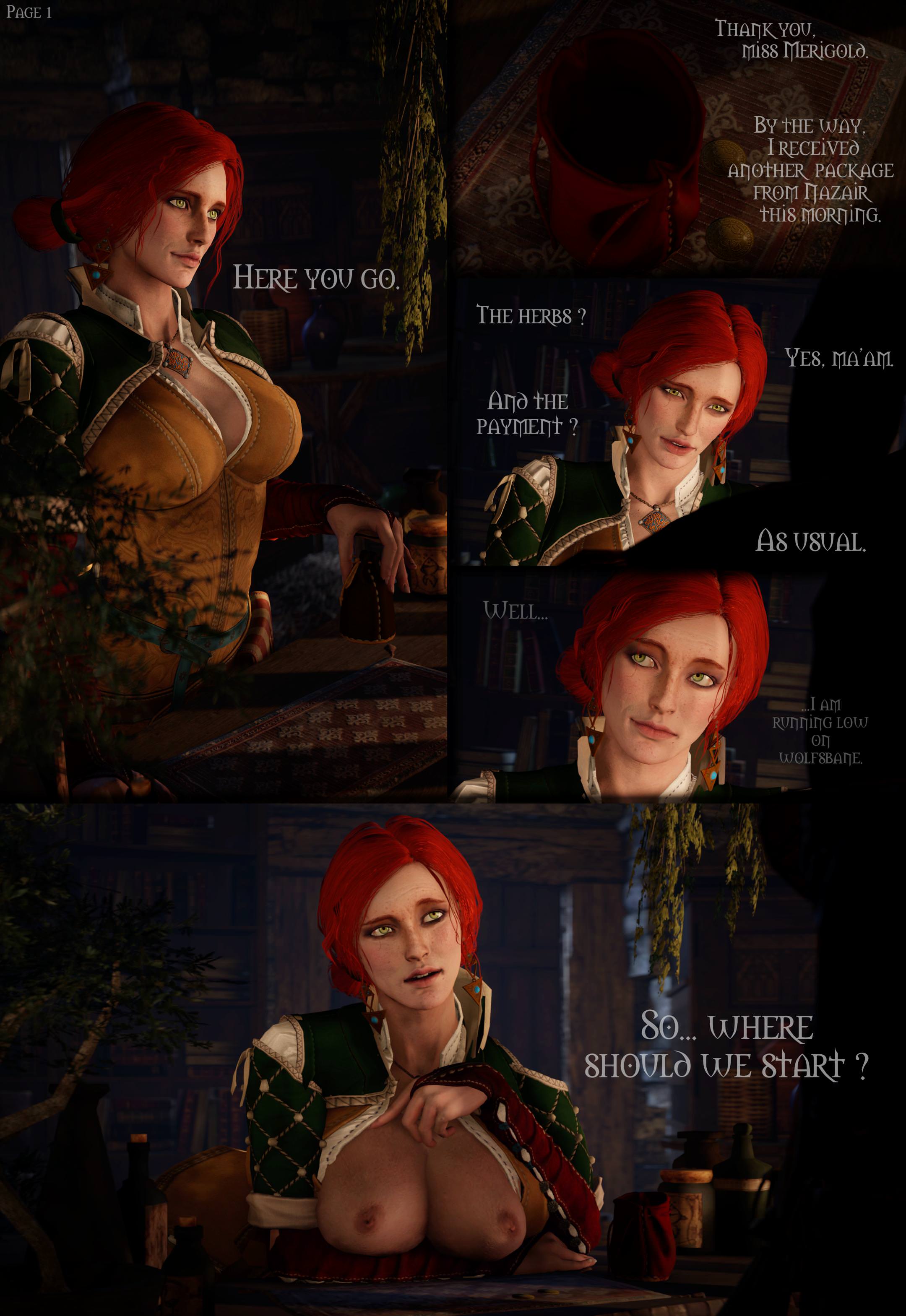 1girls, 3d, atlassfm, breasts, breasts out, cd projekt red, dialogue, female, red hair, the witcher, the witcher (series), the witcher 2, the witcher 3: wild hunt, triss merigold