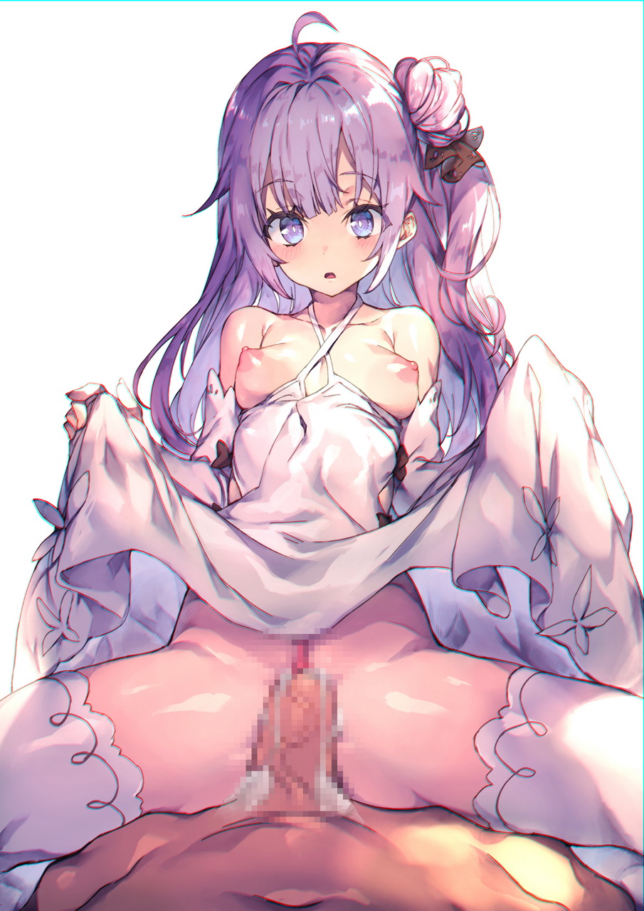 1boy ahoge azur_lane bangs bare_shoulders blue_eyes breasts censored collarbone cowgirl_position cowgirl_position cum cum_in_pussy dress dress_lift eyebrows_visible_through_hair female hair_bun highres lifted_by_self long_hair medium_breasts mosaic_censoring nipples overflow penis purple_hair pussy redcomet sex simple_background solo_focus spread_legs straddling straight thighhighs unicorn_(azur_lane) vaginal_penetration white_background white_dress white_legwear