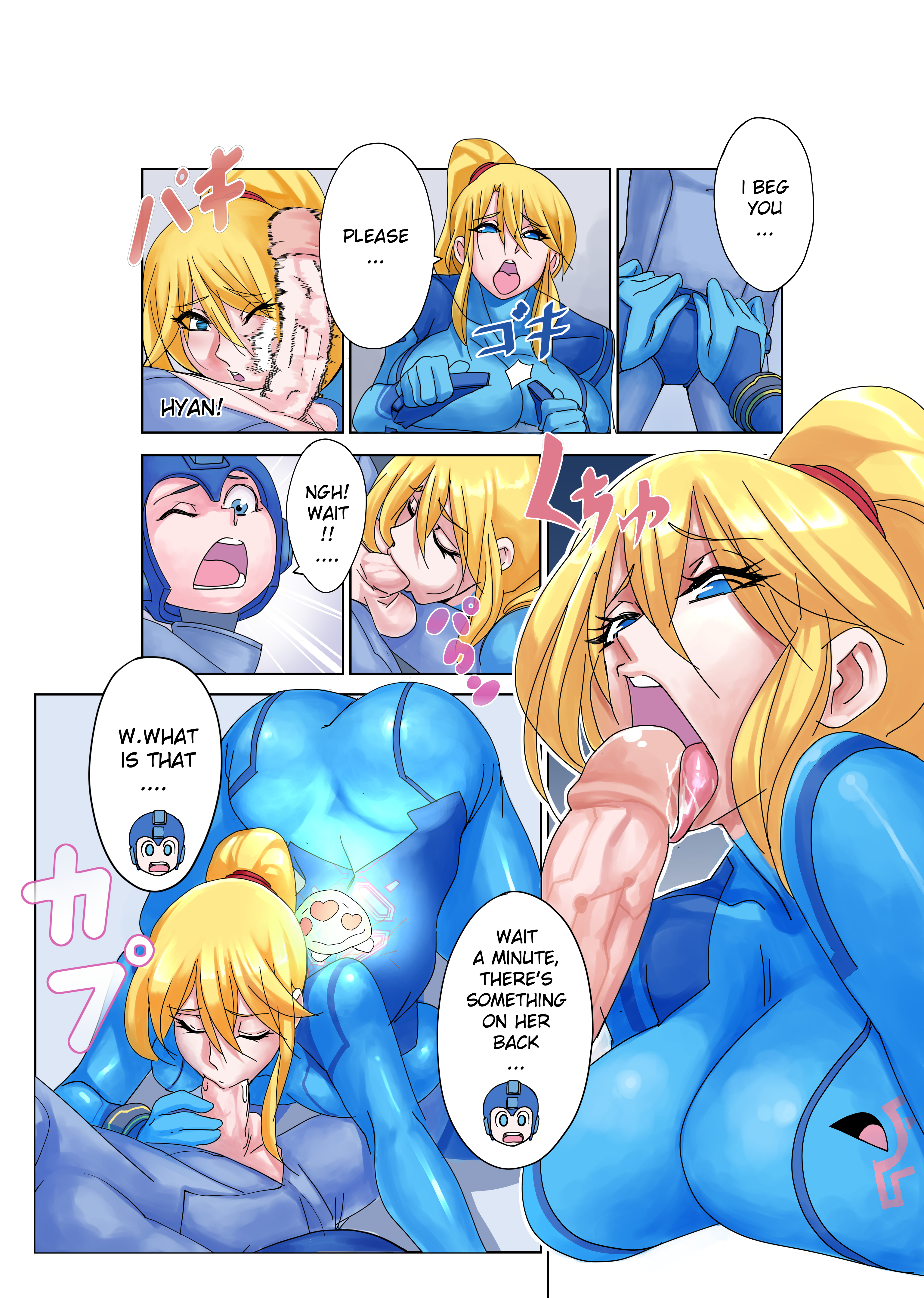 1boy, 1girls, big breasts, blonde hair, blowjob, blue eyes, breasts, capcom, clothed, clothed female, clothed male, comic, crossover, dialogue, duo, english dialogue, english text, fellatio, female, fully clothed, human, larger female, male, mega man, mega man (character), mega man (classic), metroid, metroid (creature), mind control, nintendo, nisego, older female, oral, penis, penis on tongue, ponytail, samus aran, sidelocks, smaller male, speech bubbles, straight, text