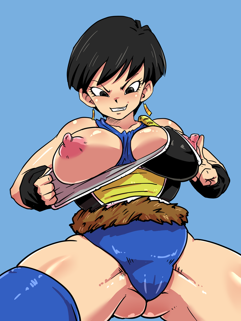 black_eyes black_hair breasts clothed clothing dragon_ball dragon_ball_z earrings erect_nipples female nipples open_mouth rickert_kai saiyan saiyan_armor saiyan_tail seripa sharp_teeth short_hair solo spread_legs tail