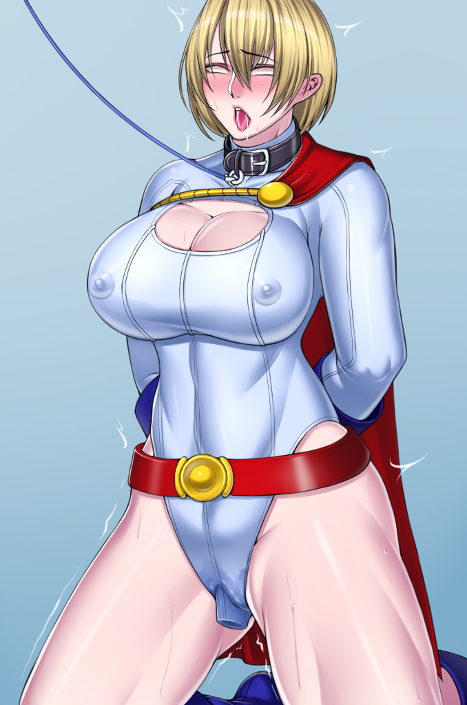 blonde hair, blush, bondage, bound, clothing, dc, dc comics, defeated, drooling, female, karen starr, kneeling, leashed, no pupils, pokies, power girl, superman (series), tongue, tongue out, trembling, vibrator