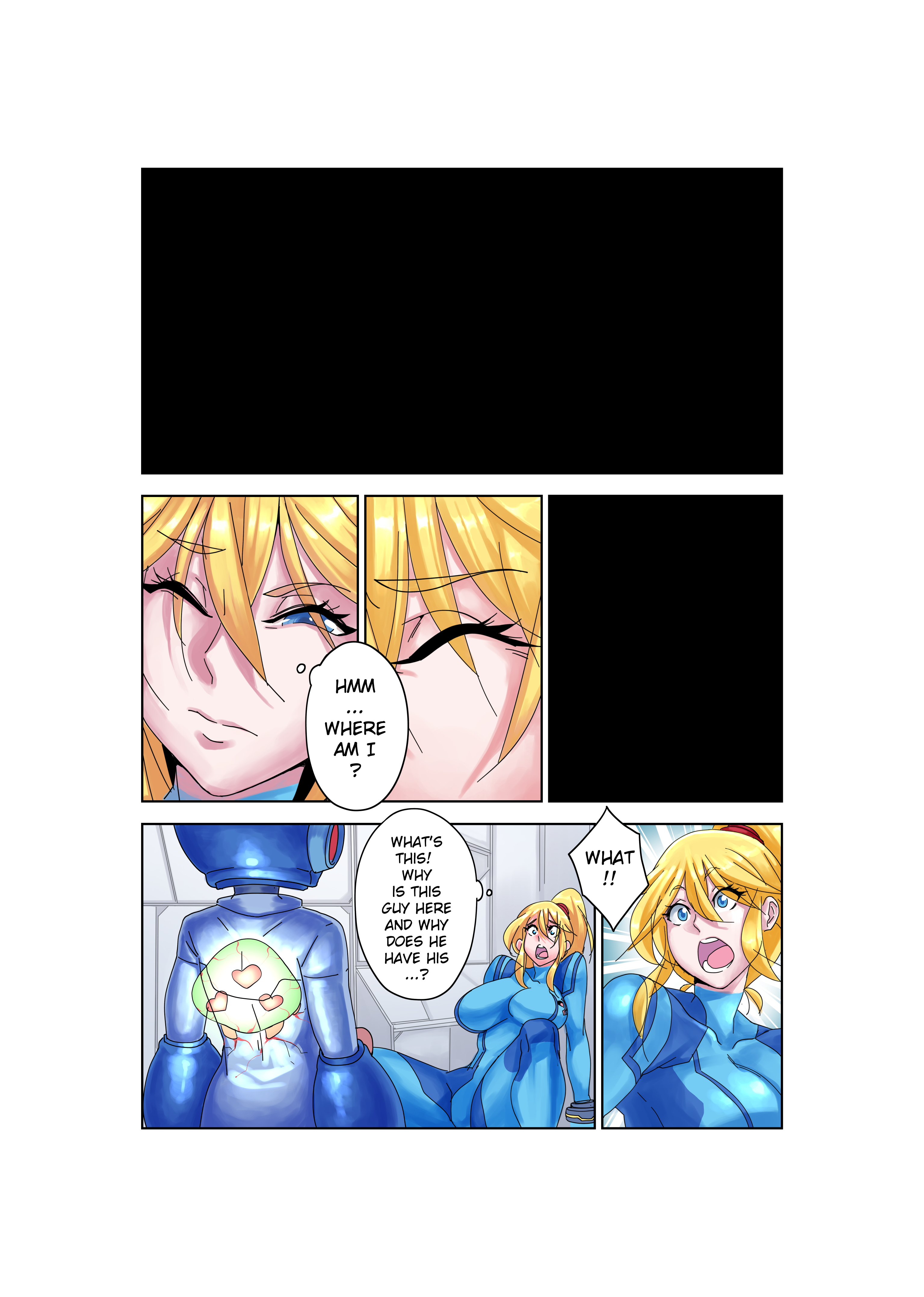 1boy, 1girls, big breasts, blonde hair, blue eyes, bodysuit, breasts, capcom, clothed, clothed female, clothed male, colored, comic, crossover, dialogue, duo, english dialogue, english text, eyebrows visible through hair, female, fully clothed, human, larger female, male, mega man, mega man (character), mega man (classic), metroid, metroid (creature), mind control, nintendo, nisego, older female, ponytail, samus aran, sidelocks, smaller male, straight, surprised, text, zero suit, zero suit samus