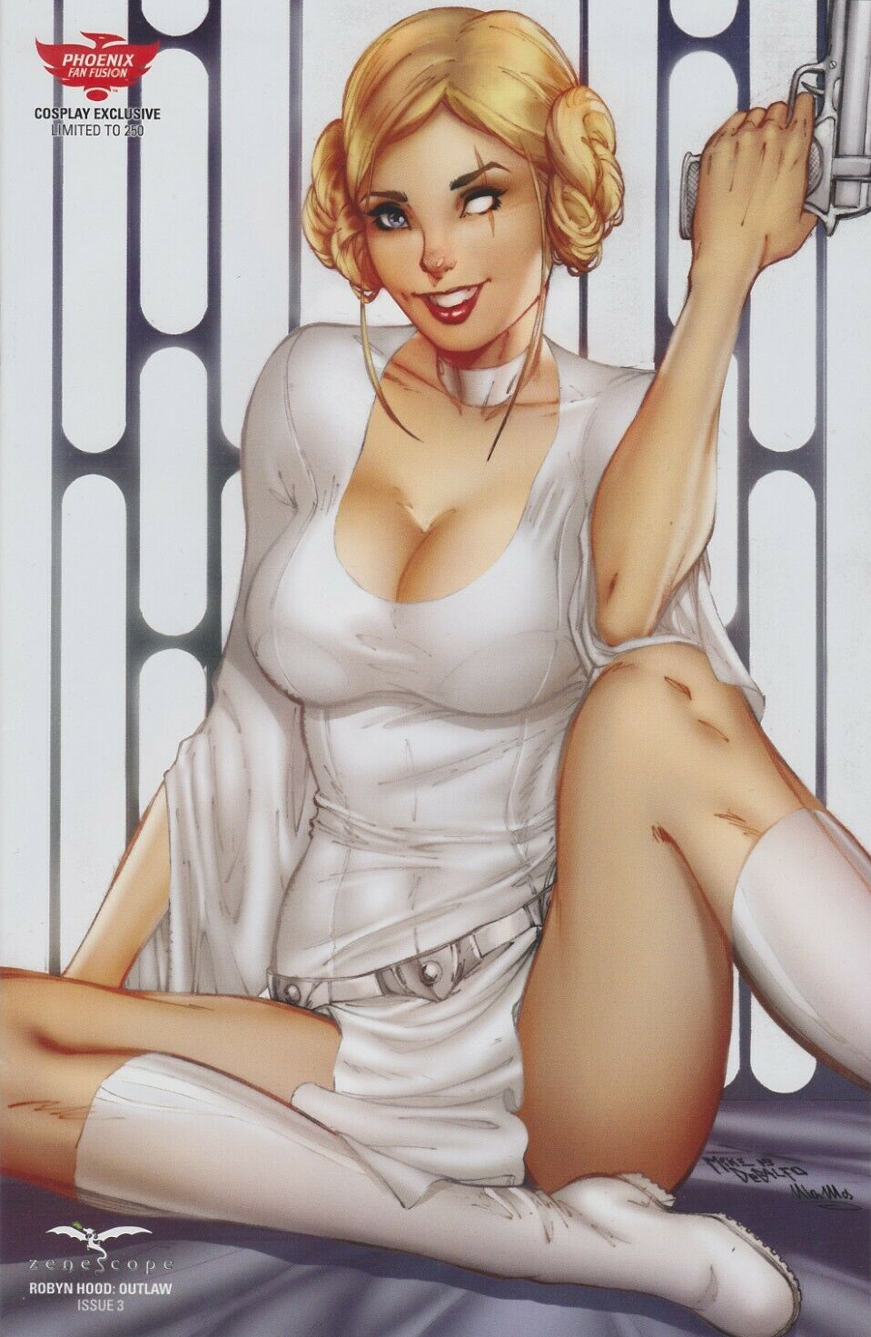 1girls belt big_breasts blonde_hair blue_eye boots bra breasts busty cleavage clothed collar comic_cover cosplay crossover female female_only firearm glowing_eye grimm_fairy_tales_(comic) gun holding_gun holding_weapon large_breasts lipstick looking_at_viewer mike_debalfo official_art panties pinup pistol princess_leia_organa_(cosplay) red_lips red_lipstick robyn_hood robyn_locksley scar sitting solo star_wars text thighs thong ula_mos weapon white_boots white_collar zenescope zenescope_entertainment