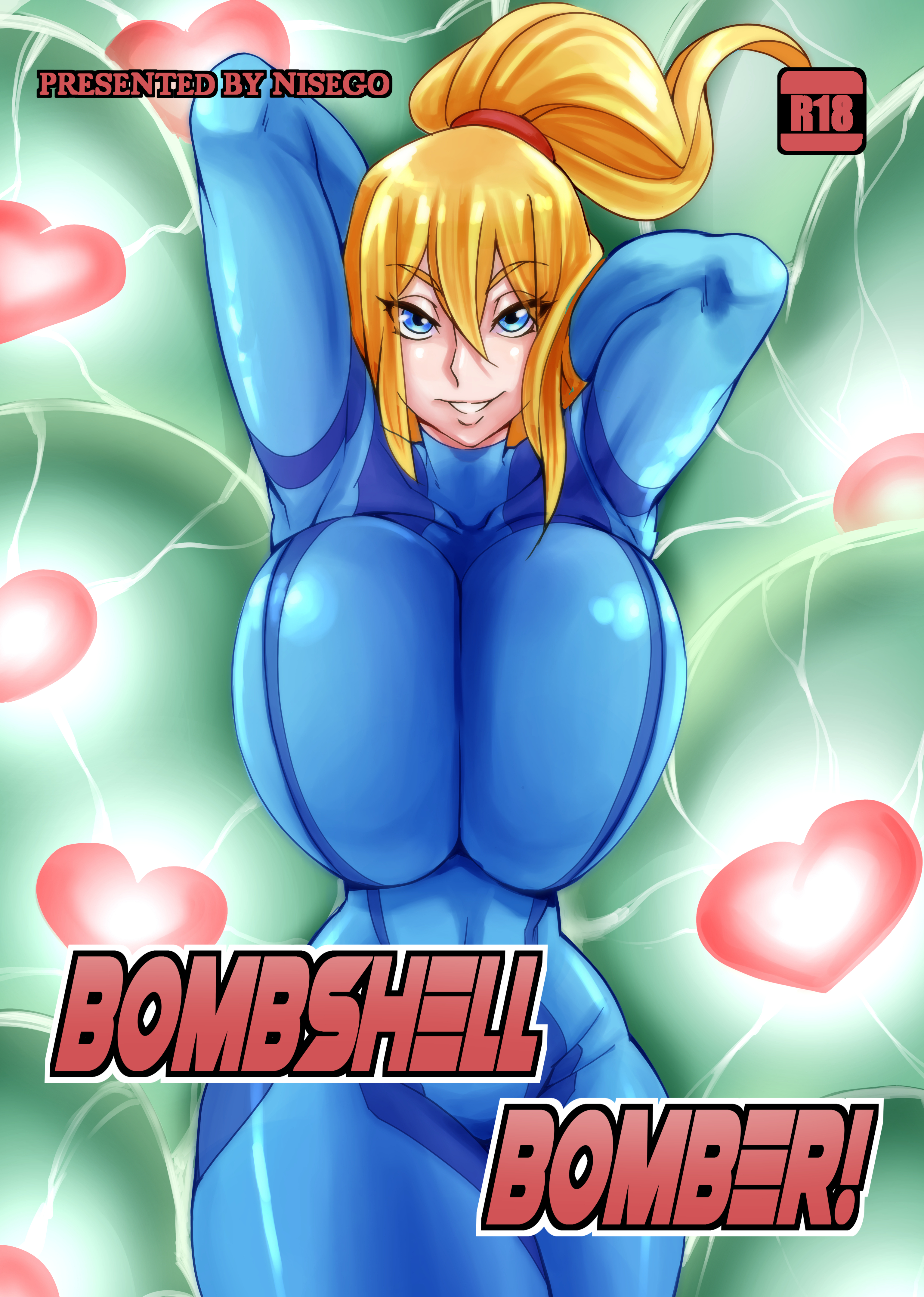 1girls, big breasts, blonde hair, blue eyes, bodysuit, breasts, clothed, clothed female, comic, english text, eyebrows visible through hair, female, female focus, female only, fully clothed, human, looking at viewer, mega man, mega man (classic), metroid, metroid (creature), mind control, nintendo, nisego, ponytail, samus aran, sidelocks, smiling at viewer, solo, solo female, solo focus, text, zero suit samus