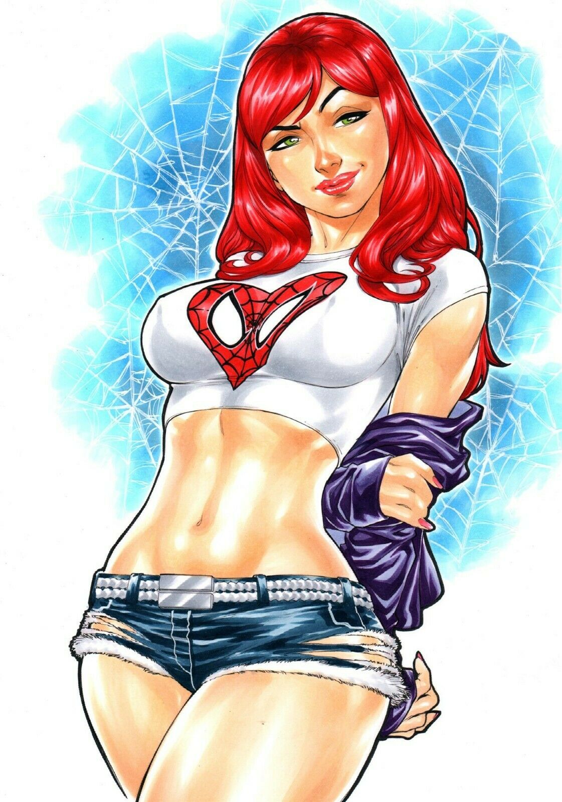 1girls, 2019, big breasts, blue shorts, breasts, busty, cowboy shot, dated, denim shorts, ed benes studio, erect nipples, erect nipples under clothes, eyeshadow, female, female only, fred benes, from below, green eyes, hot pants, jacket, jacket removed, large breasts, lipstick, long hair, looking to the side, makeup, marvel, marvel comics, mary jane watson, mascara, nipple bulge, nipples, pinup, purple jacket, raised eyebrow, red hair, red lips, red lipstick, shirt, short shirt, short shorts, shorts, signature, solo, spider web, spider-man (series), standing, thighs, traditional media, web, white shirt