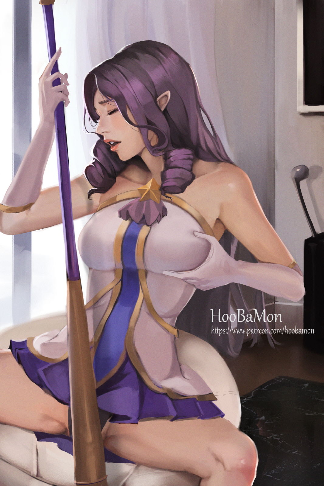 breast_squeeze closed_eyes female female_only hoobamon janna_windforce league_of_legends moaning purple_hair short_dress sitting_on_chair sorceress spread_legs star_guardian_janna star_guardian_series