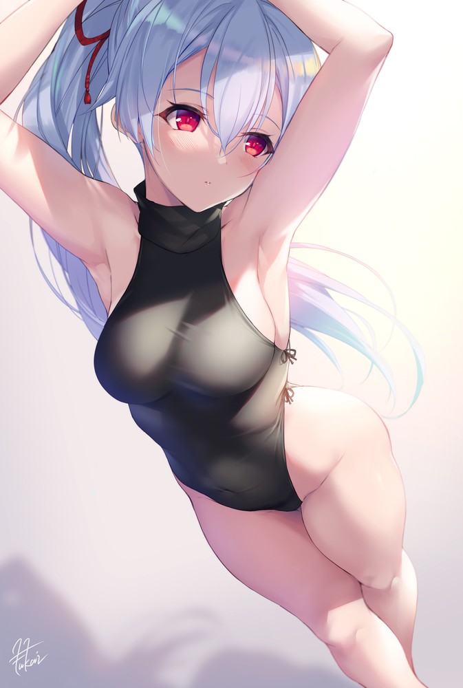 1girls armpits arms_up bangs blue_hair blush breasts fate/grand_order fate_(series) female fukai_ryousuke leotard ponytail red_eyes solo standing thighs tomoe_gozen_(fate)