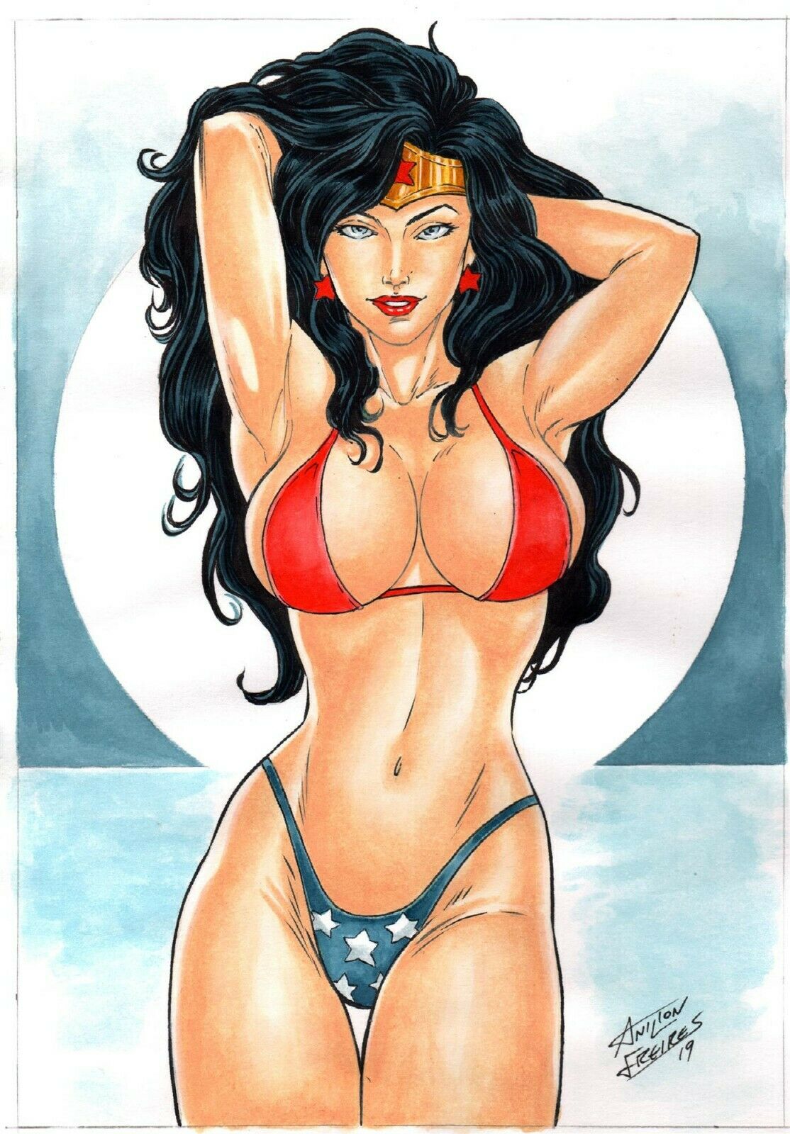 1girls 2019 anilton_freires arms_up bikini bikini_bottom bikini_top black_hair blue_bikini_bottom blue_eyes blue_panties blue_thong bra dated dc dc_comics diana_prince earrings ed_benes_studio eyeshadow female female_only justice_league lipstick long_hair looking_at_viewer makeup mascara panties pinup red_bikini_top red_bra red_lips red_lipstick signature smile solo standing star_earrings sun thighs thong tiara traditional_media water wonder_woman wonder_woman_(series)