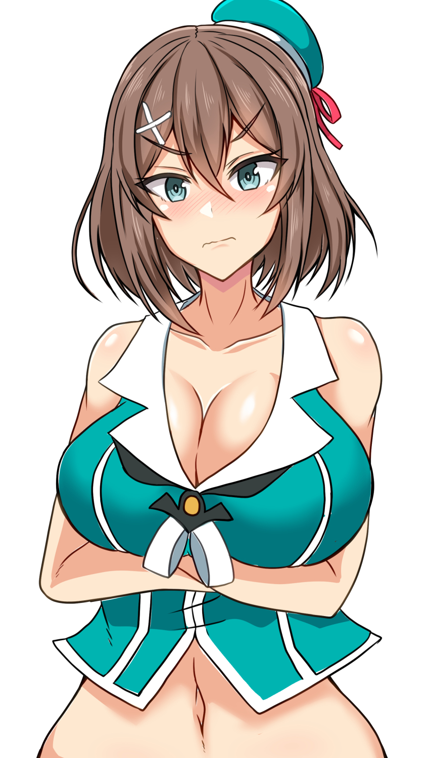 angry blush brown_hair cleavage crossed_arms female hat huge_breasts kantai_collection maya_(kantai_collection) short_hair skimpy_clothes