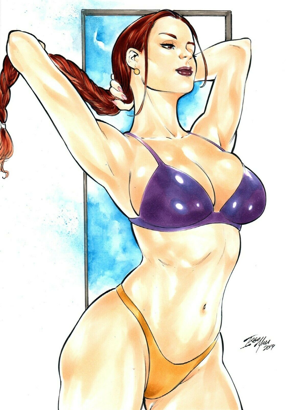 1girls 2019 arms_up big_breasts bikini bikini_bottom bikini_top bra breasts brown_eyes brown_hair busty cleavage dated earrings ed_benes_studio female female_only iago_maia lara_croft lara_croft_(classic) large_breasts lipstick long_hair panties pinup ponytail purple_bikini_top purple_bra purple_lips purple_lipstick signature solo thighs tomb_raider traditional_media yellow_bikini_bottom yellow_panties