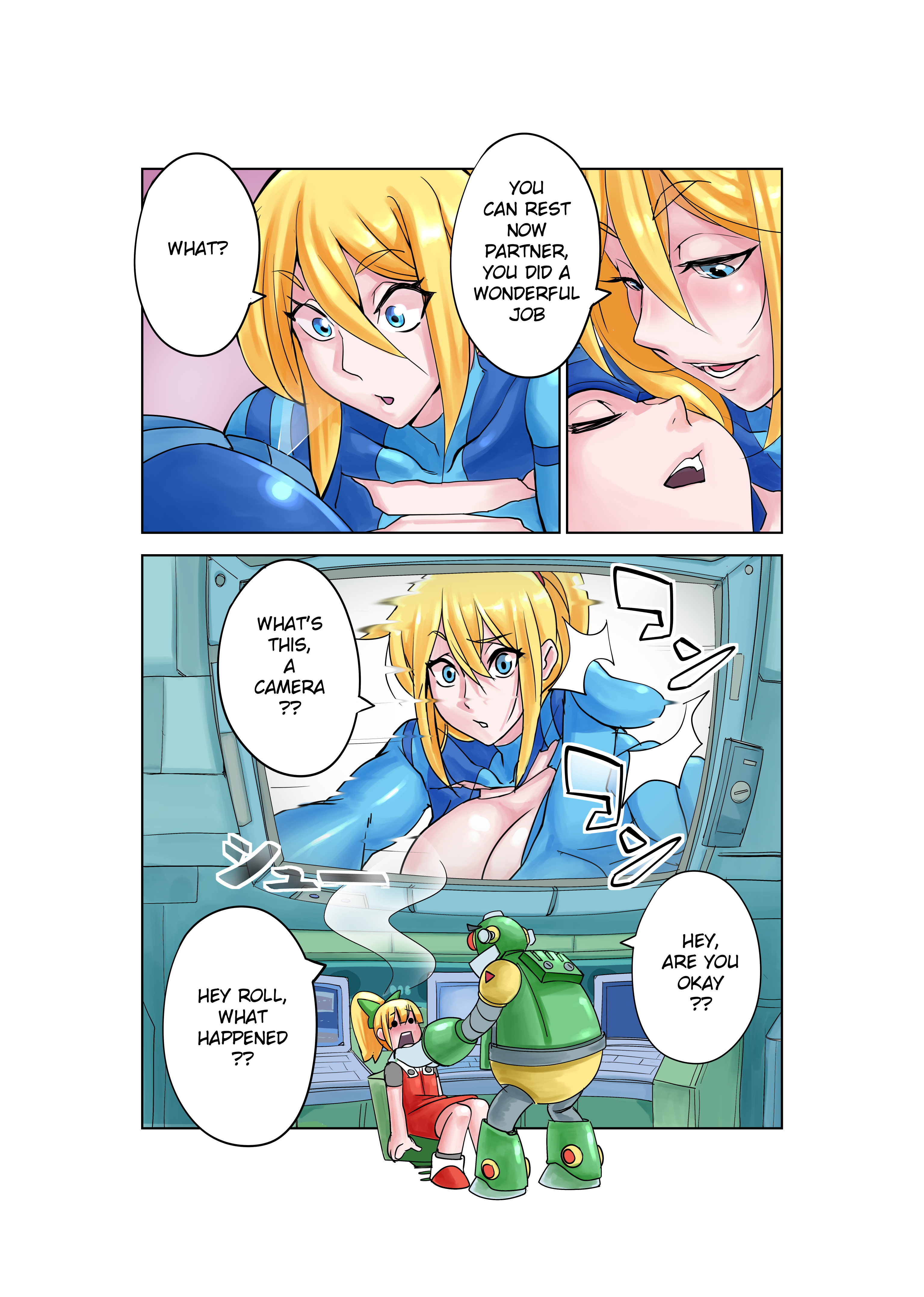 1boy, 1girls, auto (mega man), big breasts, blonde, blue eyes, blush, breasts, breasts out, capcom, cleavage, clothed, clothed female, clothed male, colored, comic, crossover, dialogue, duo, english dialogue, english text, female, hair between eyes, human, male, mega man, mega man (character), mega man (classic), metroid, metroid (creature), mind control, nintendo, nisego, roll, samus aran, speech bubbles, straight, text