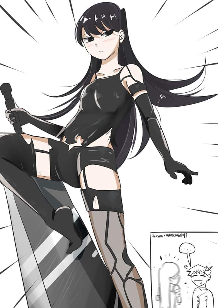 1boy, 1girls, alternate costume, black hair, black legwear, blush, cosplay, embarrassed, female, holding sword, holding weapon, impossible clothes, komi shouko, komi-san wa komyushou desu, legs, long hair, looking at viewer, male, minishorts, near monochrome, nier: automata, shorts, sword, tadano hitohito, yorha a2