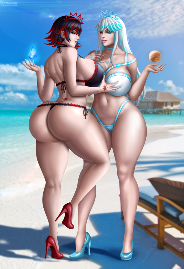 2girls, ass, big ass, big breasts, bikini, breast grab, breasts, cleavage, female, female only, flowerxl, high heels, large breasts, looking at viewer, looking back, original character, thick thighs, wide hips, yuri