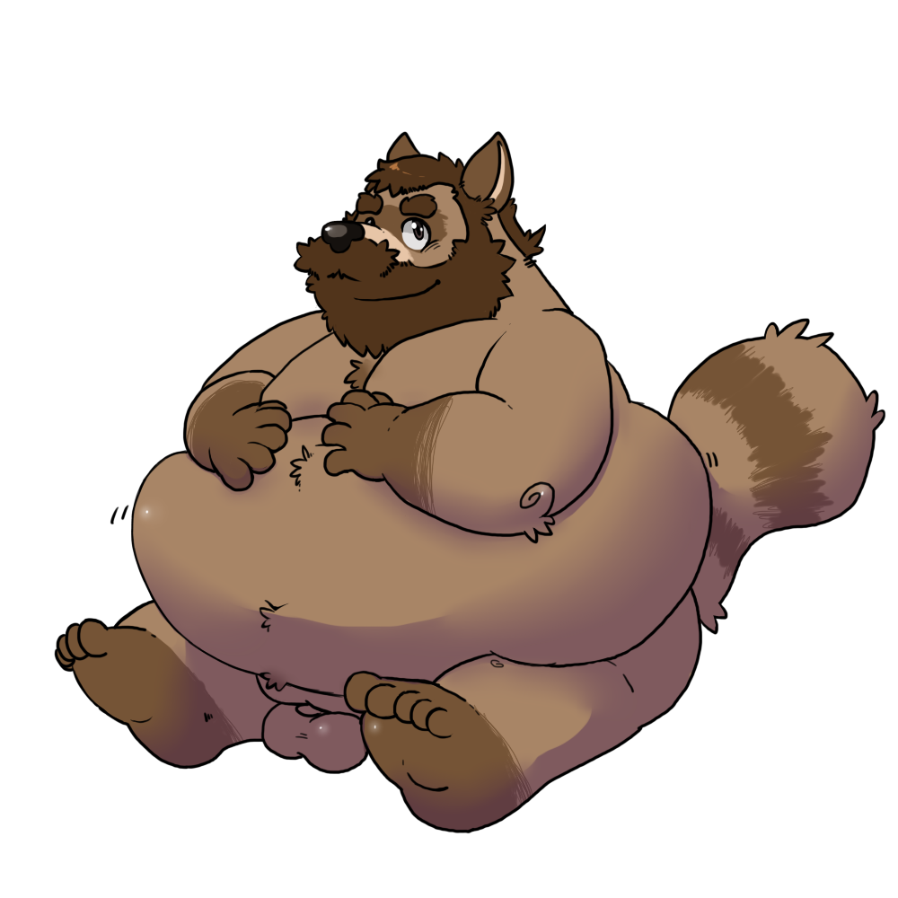 2016 anthro balls belly brown_body brown_fur canid canine fatyogi fur humanoid_hands male male_only mammal obese overweight penis raccoon_dog simple_background sitting solo tanuki white_background