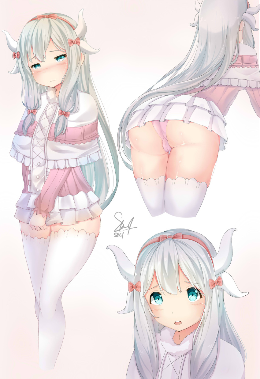 1girls alternate_costume artist_request artist_signature ass blue_eyes blush cosplay dress embarrassed eromanga_sensei hair_ornament hairband horns impossible_clothes izumi_sagiri kanna_kamui kanna_kamui_(cosplay) looking_at_viewer minidress miss_kobayashi&#039;s_dragon_maid multiple_views panties pantyshot pink_panties revealing_clothes silver_hair solo thighs underwear