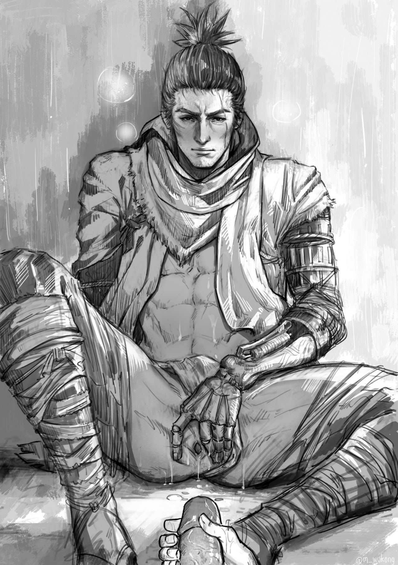 2boys, abs, anus, eye contact, fromsoftware, heavy breathing, looking at viewer, m wukong, male, male only, monochrome, penis, pov, sekiro, sekiro: shadows die twice, sketch, spread anus, spread legs, spreading, uncensored, yaoi
