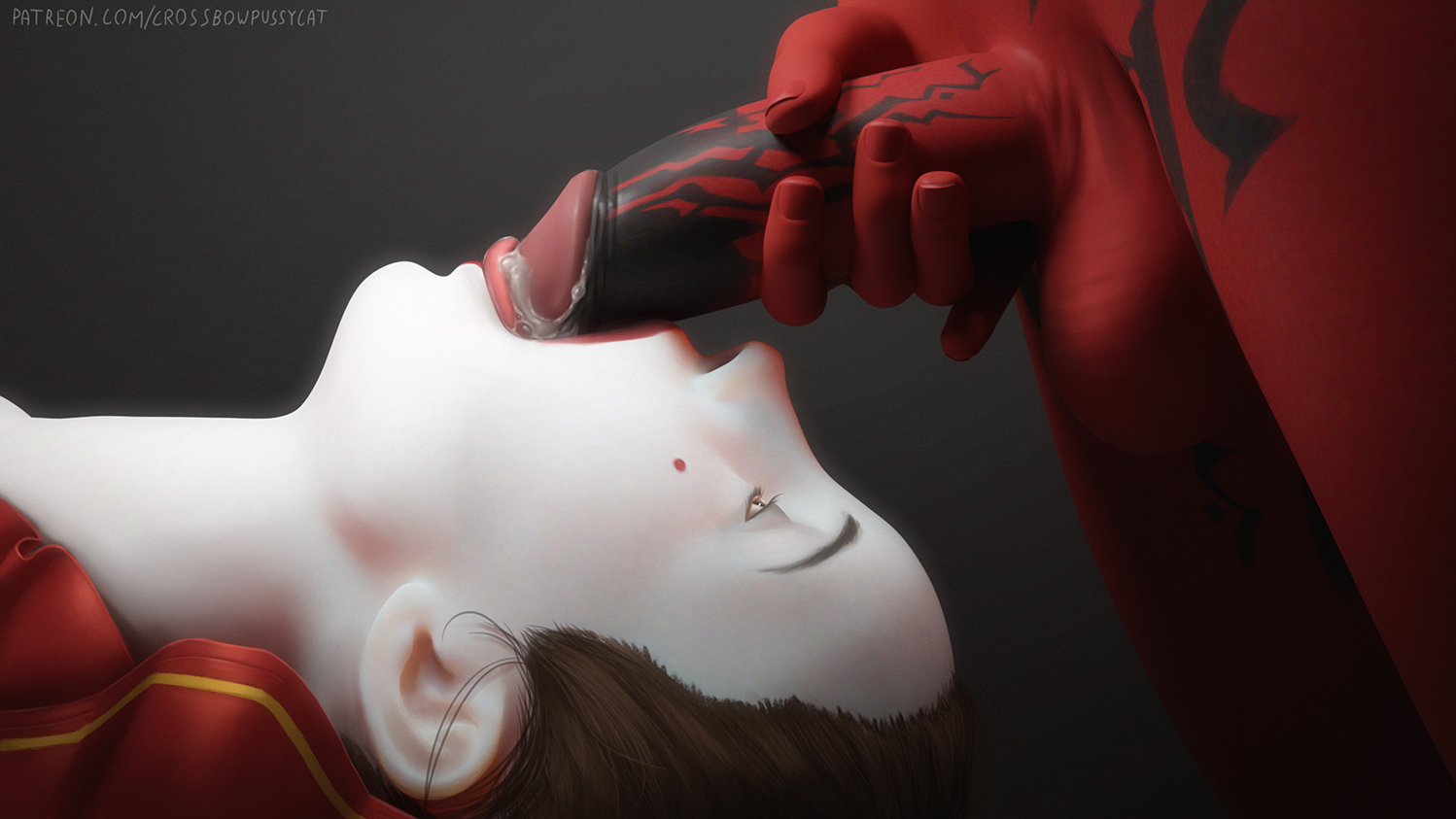 1boy, 1girls, 3d, alien, alien/human, crossbowpussycat, cum in mouth, darth maul, female, human, interspecies, male, male/female, padme amidala, red skin, star wars, straight, tattoo, unseen male face, zabrak