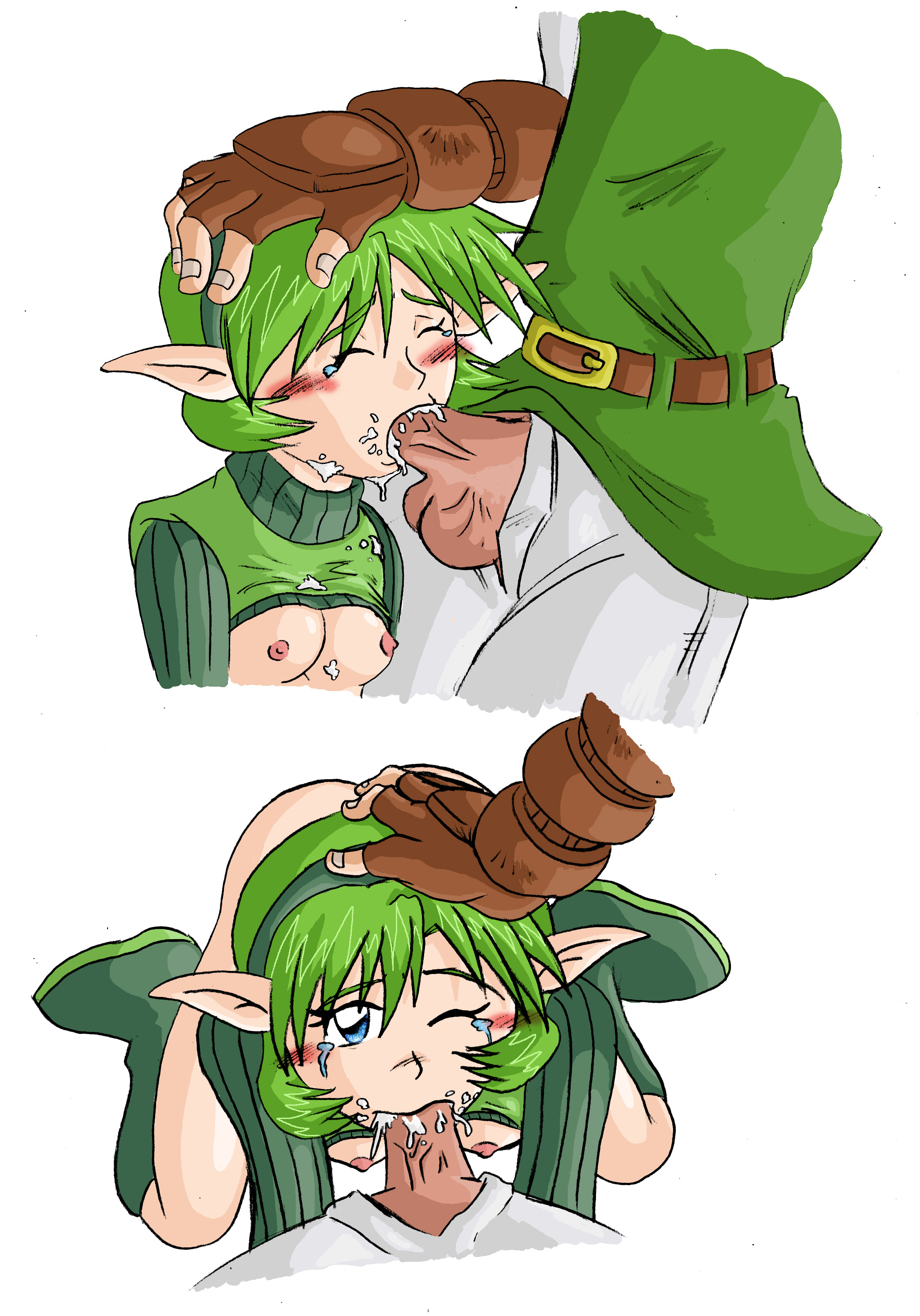 1boy, 1girls, age difference, blue eyes, blush, cum, cum in mouth, fellatio, female, green hair, kokiri, link, link (ocarina of time), male, ocarina of time, oral, saria, short green hair, short hair, straight, the legend of zelda, young