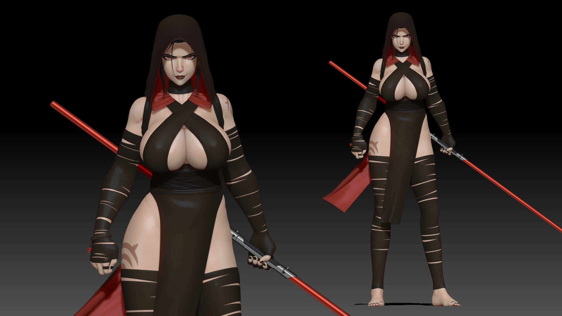 3d, armband, bare shoulders, bare thighs, barefoot, biceps, big breasts, black hair, black toenails, bracelet, breasts, busty, cleavage, corruption, dual-bladed lightsaber, eyelashes, feet, female, female focus, female only, full body, generalbuta, hood, hourglass figure, huge breasts, large breasts, lightsaber, lipstick, loincloth, muscles, muscular, muscular female, nail polish, nose piercing, piercing, pinup, pose, posing, red eyes, red lightsaber, rey, ring, sith, sith rey, solo, standing, star wars, tattoo, tied hair, toes, wide hips