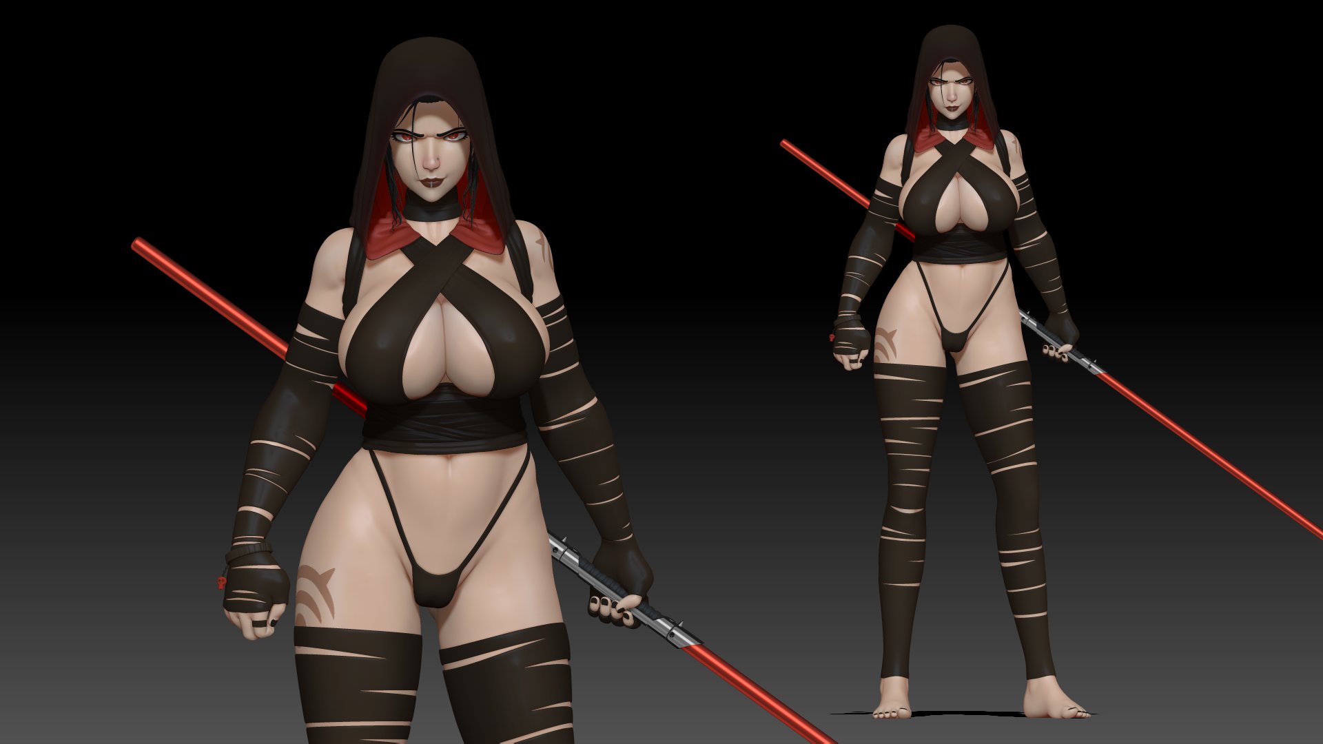 3d, armband, bare midriff, bare shoulders, bare thighs, barefoot, biceps, big breasts, black hair, black toenails, bracelet, breasts, busty, cleavage, corruption, dual-bladed lightsaber, eyelashes, female, female focus, female only, full body, g-string, generalbuta, hood, hourglass figure, huge breasts, large breasts, lightsaber, lipstick, muscles, muscular, muscular female, nail polish, navel, nose piercing, panties, piercing, pinup, pose, posing, red eyes, red lightsaber, rey, ring, sith, sith rey, solo, standing, star wars, tattoo, thong, tied hair, wide hips